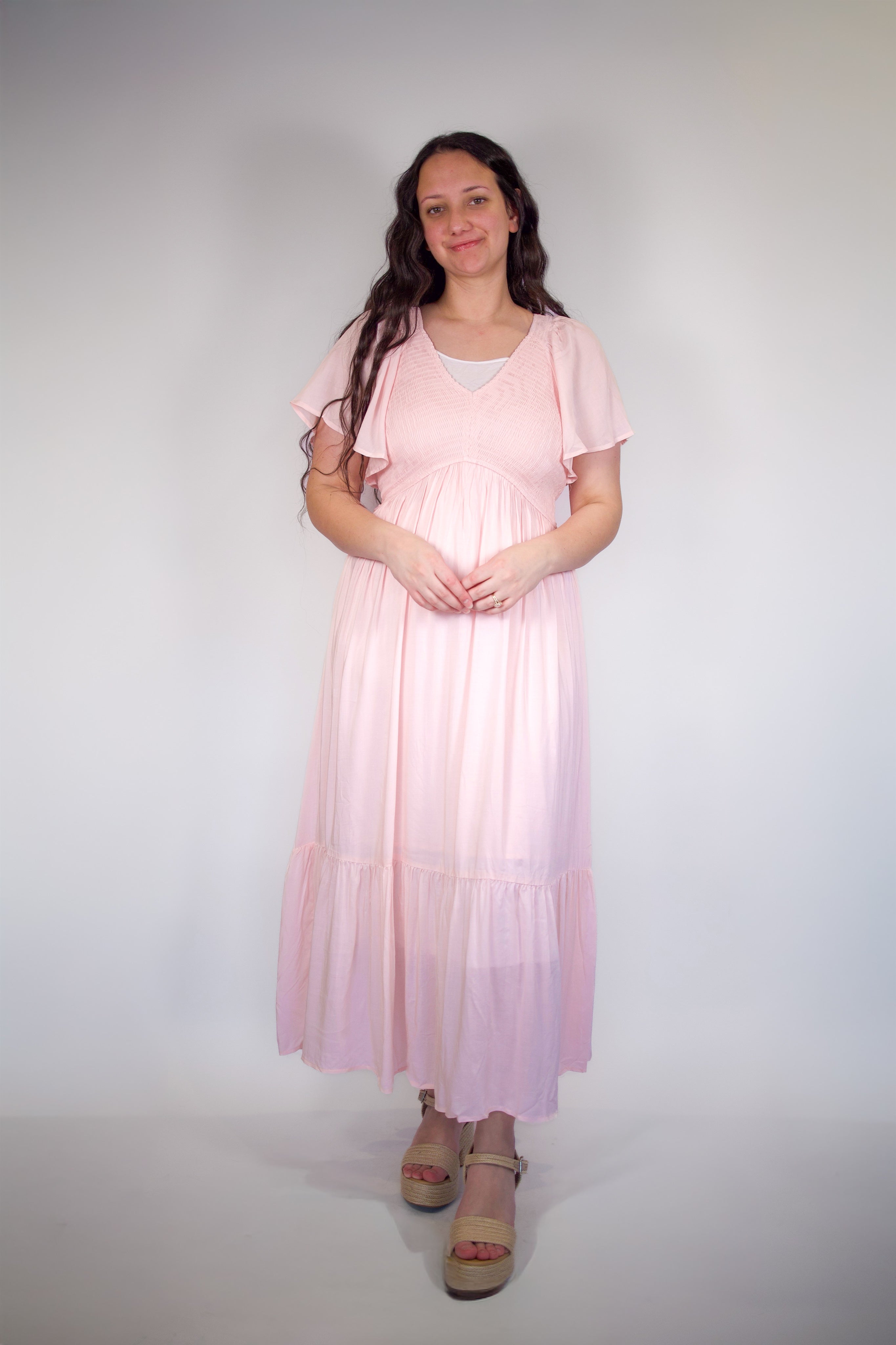 midi dress vanessa Flutter Smocked S Size:UK 14 / US 10 / EU 42 Keywords_Blue prom dress shirtdress from Saloni blooms Ivory Long Sleeves Maxi