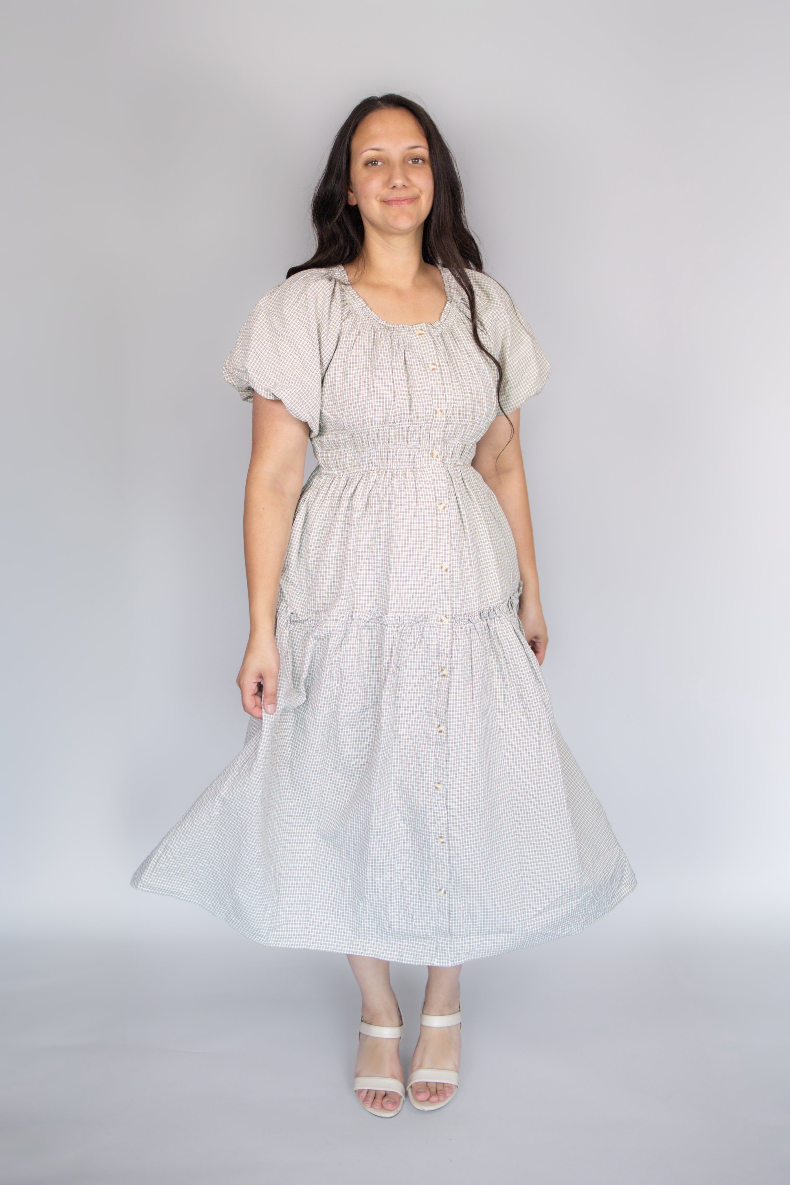 Lena Midi Dress in Beige Gingham M