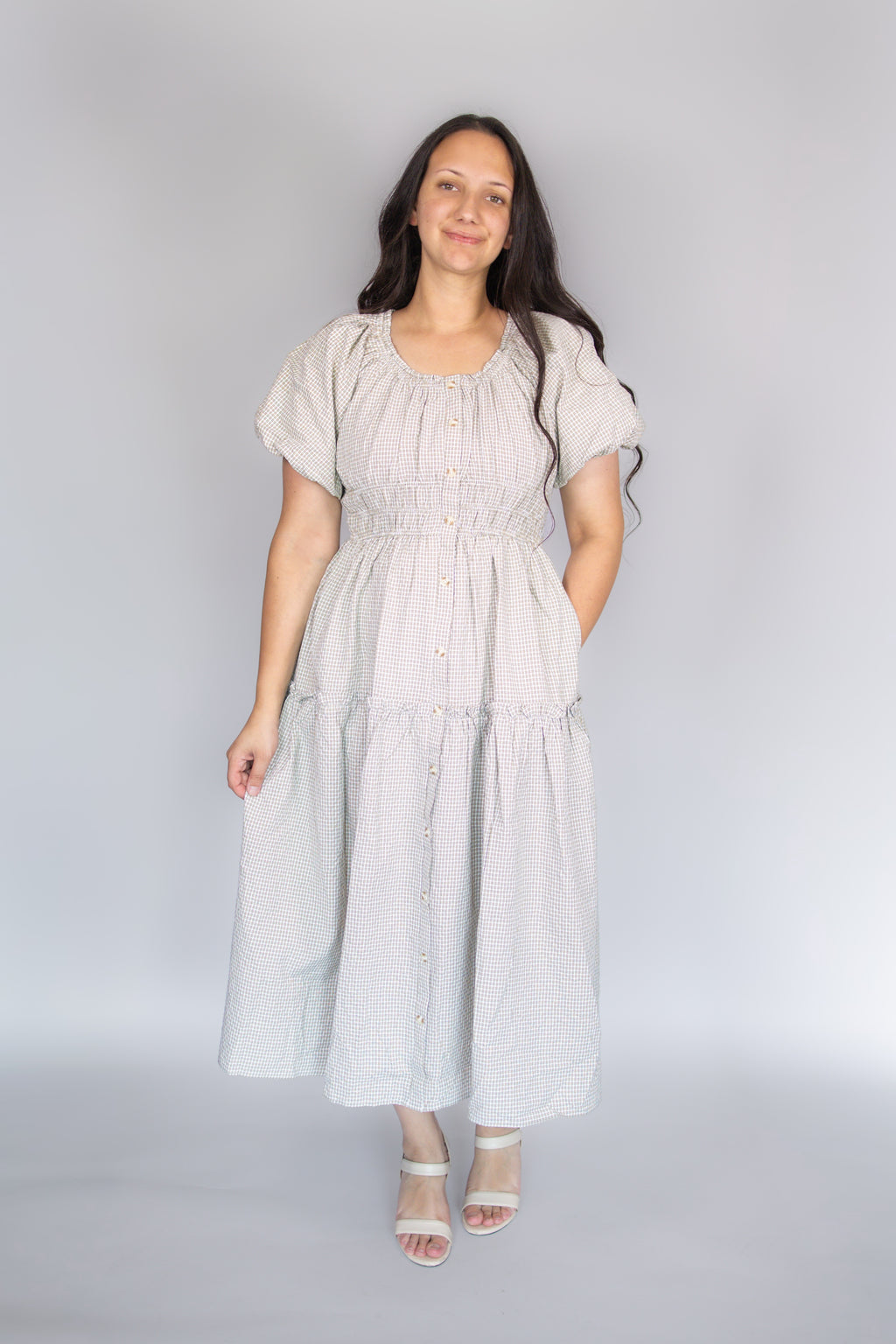 Lena Midi Dress in Beige Gingham