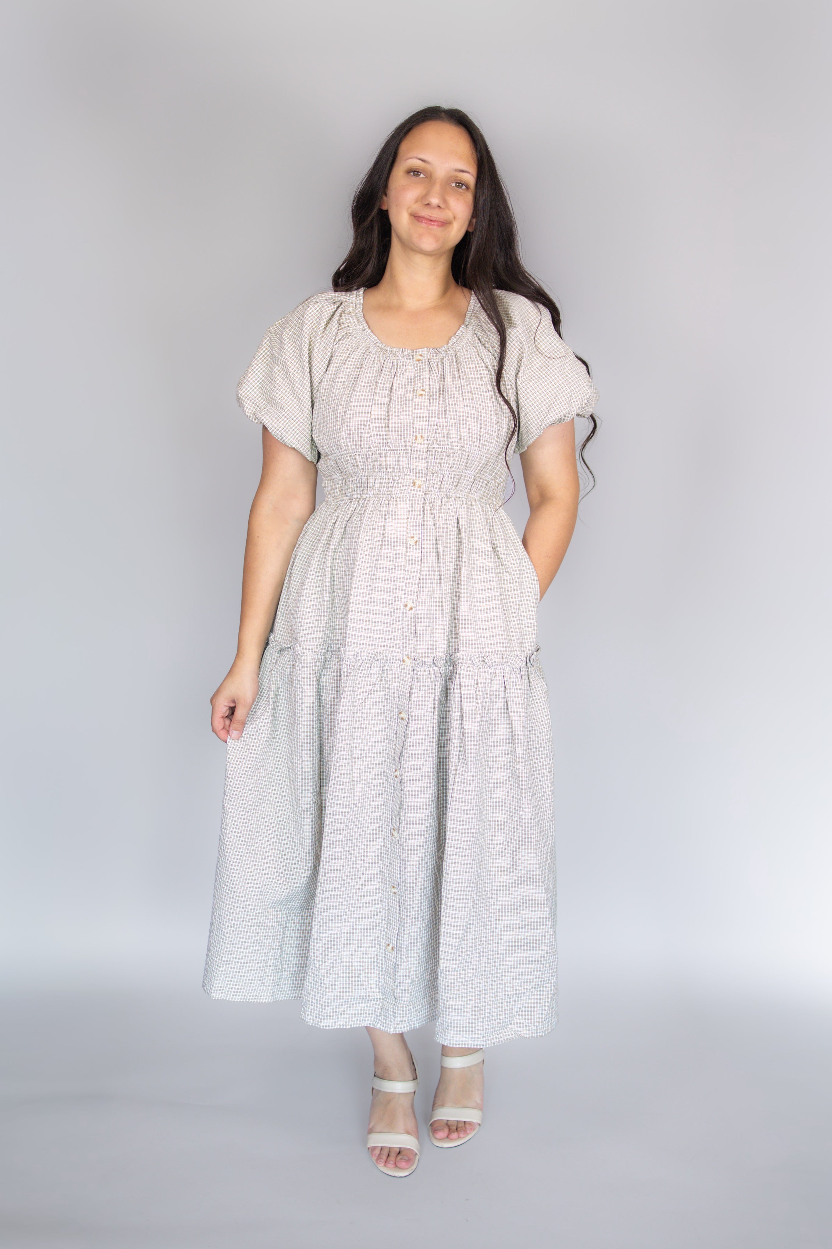 Lena Midi Dress in Beige Gingham
