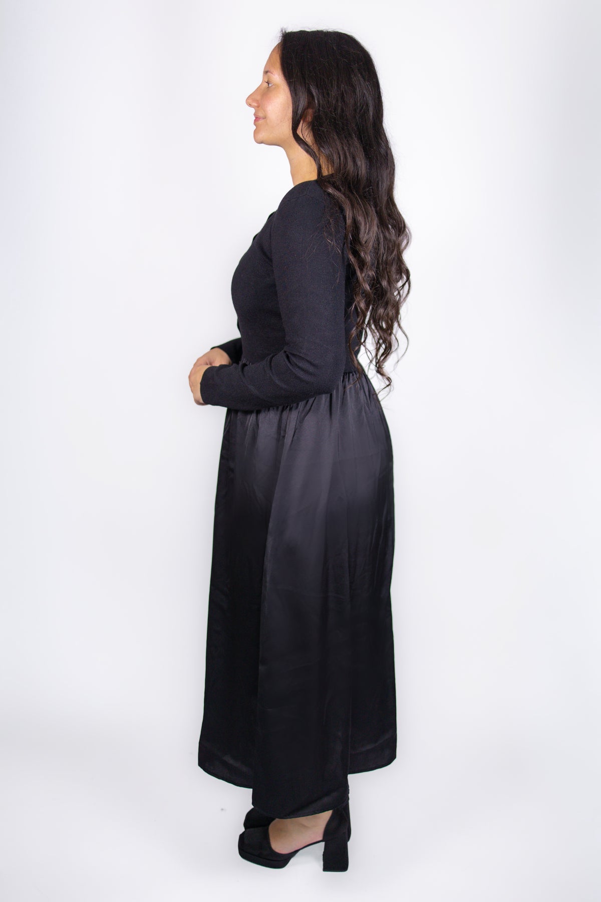 Jenna Knit Top Satin Dress in Black
