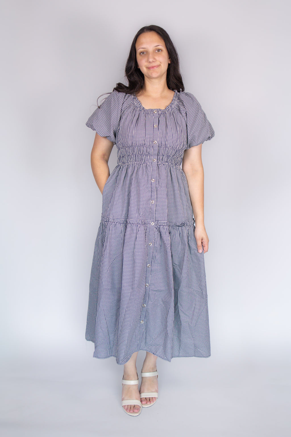 Lena Midi Dress in Navy Gingham