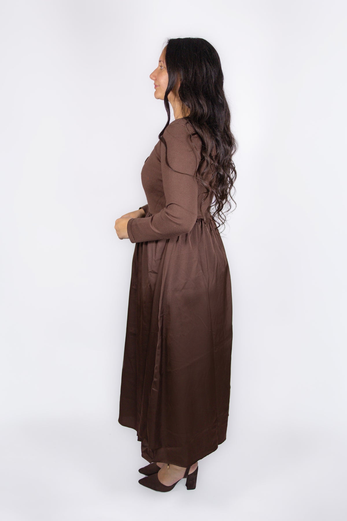 Jenna Knit Top Satin Dress in Cocoa