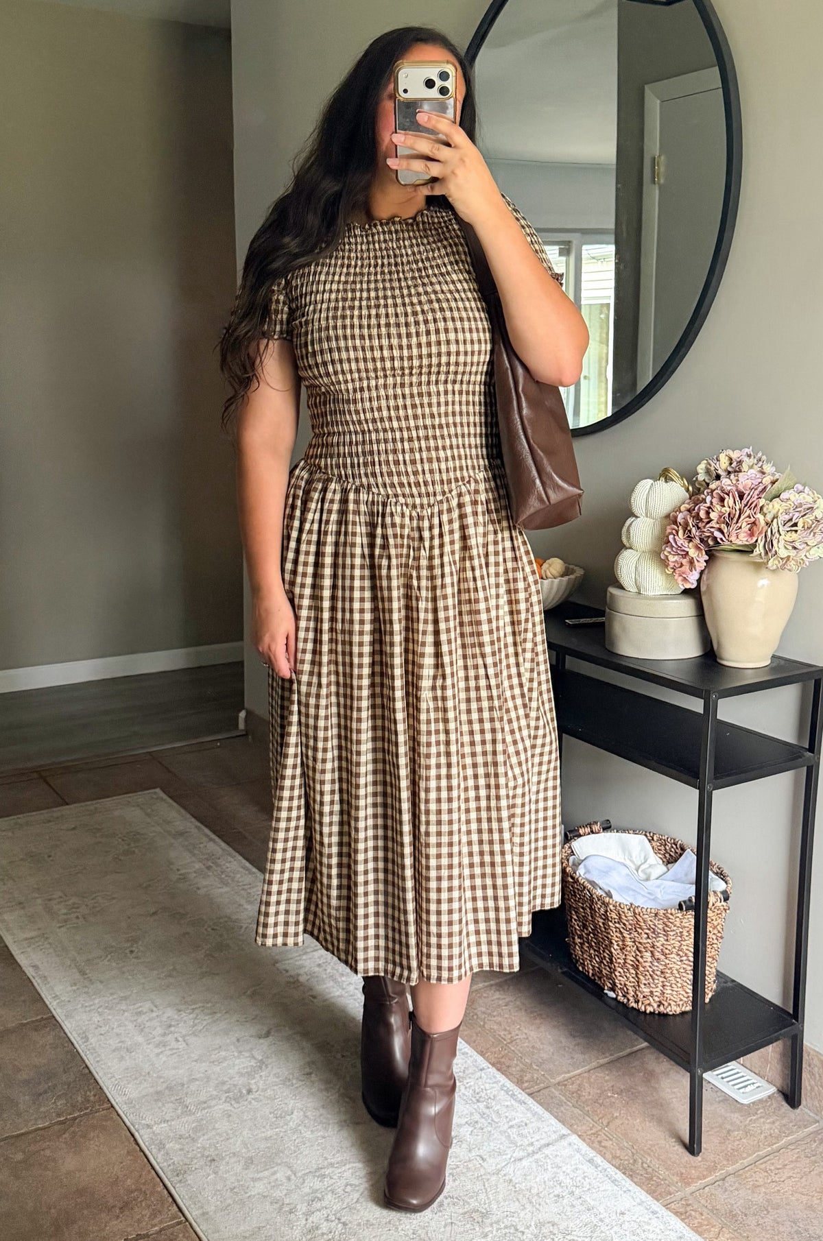 Aurelia Smocked Dress in Brown Gingham