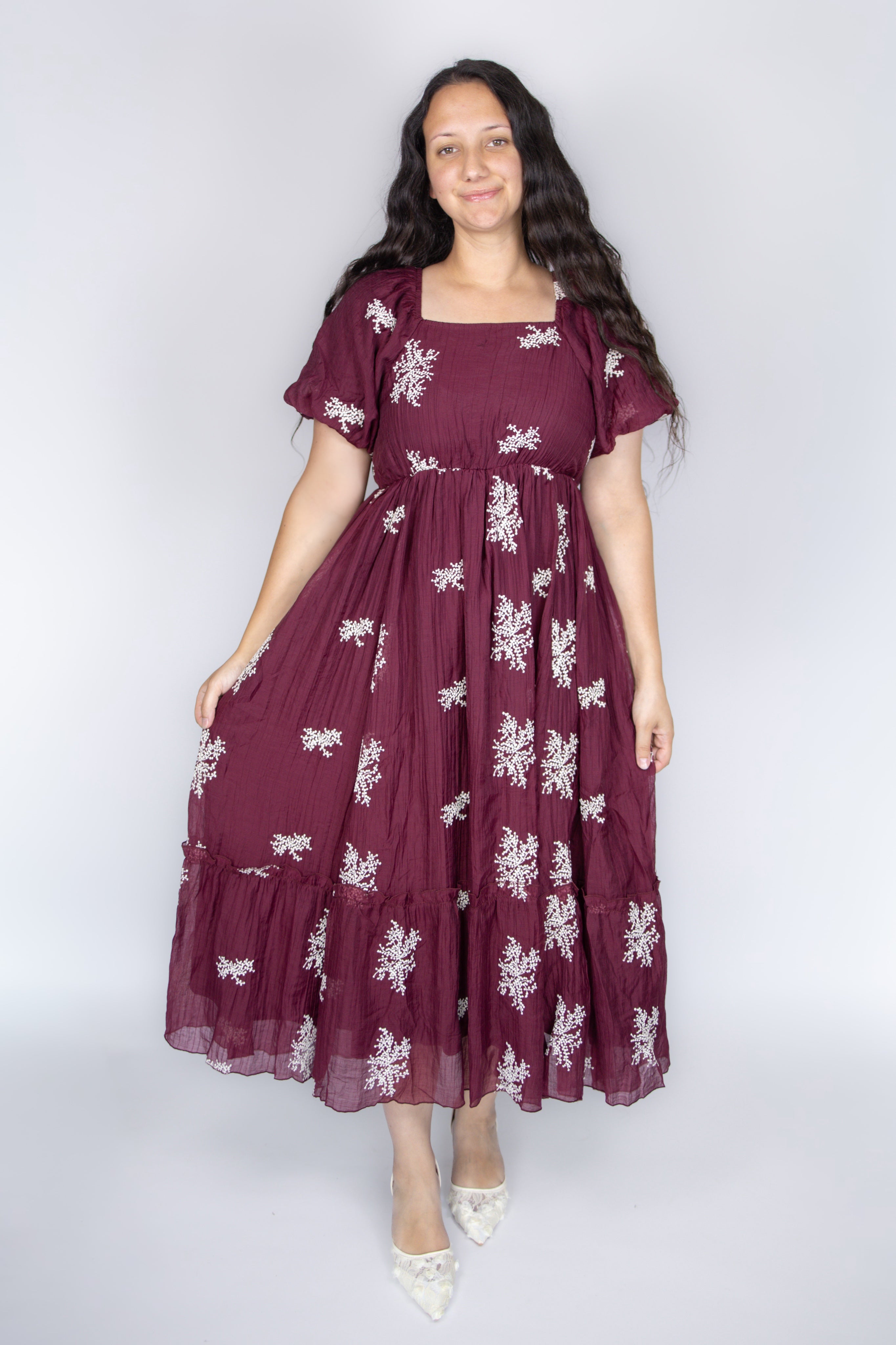 Aria Floral Embroidered Dress in Wine