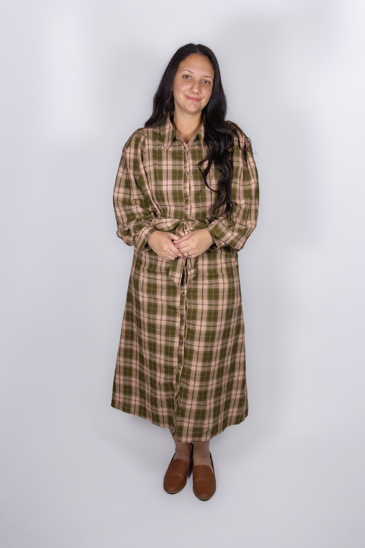 Rae Plaid Flannel Dress in Blush/Olive