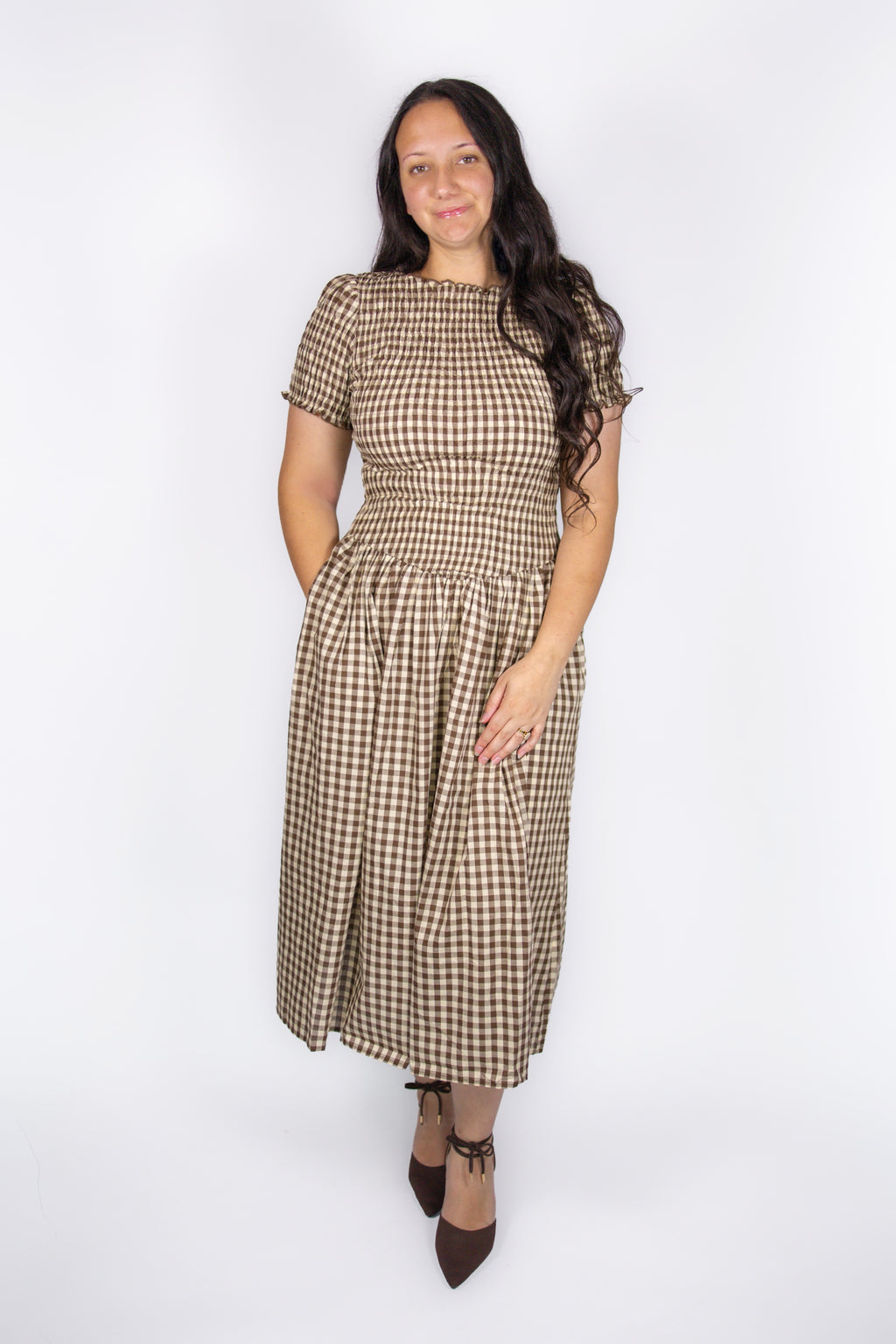 Aurelia Smocked Dress in Brown Gingham