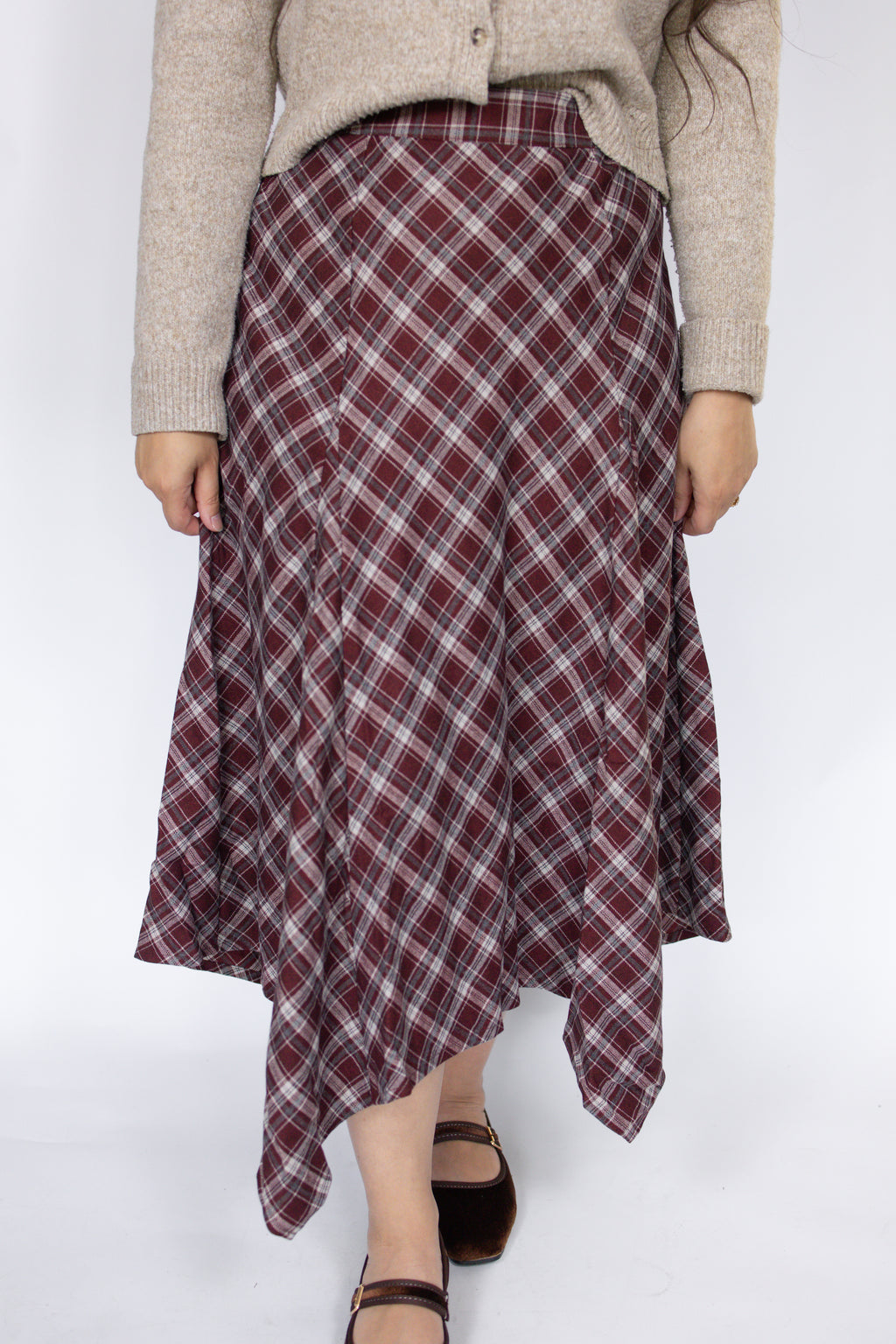 Plaid Hanky Hem Midi Skirt in Burgundy