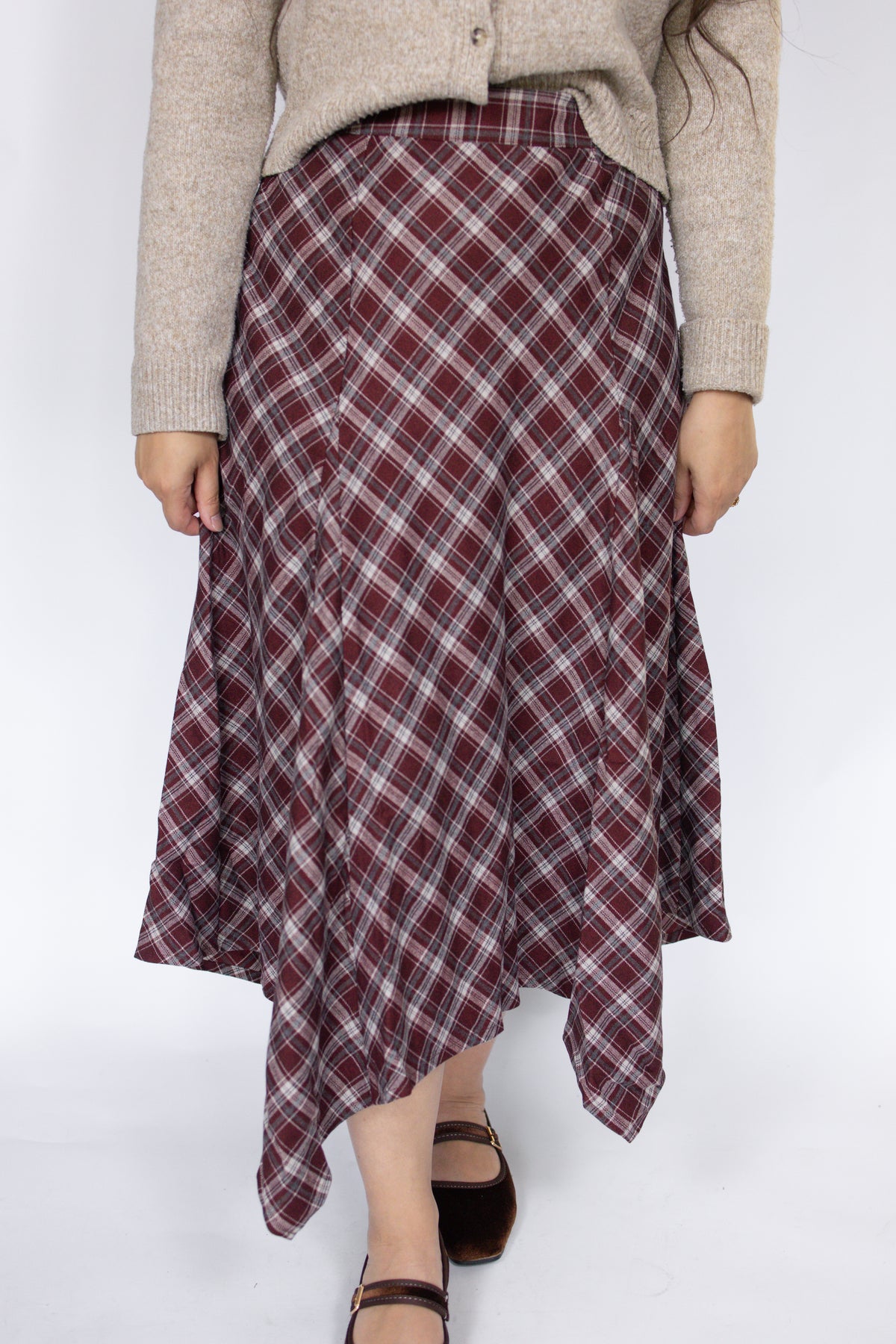 Plaid Hanky Hem Midi Skirt in Burgundy