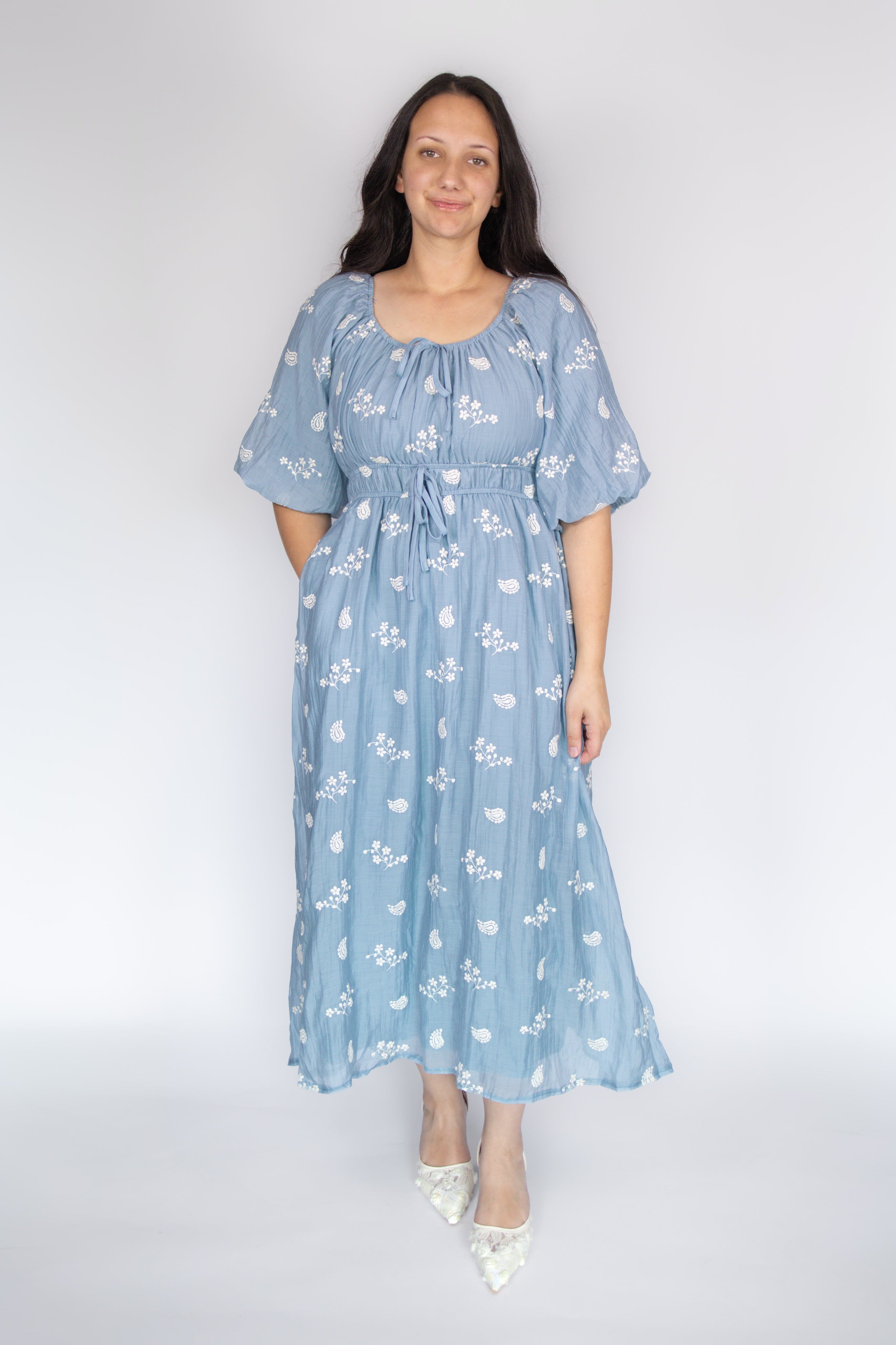 Julia Blue Embroidered Midi Dress