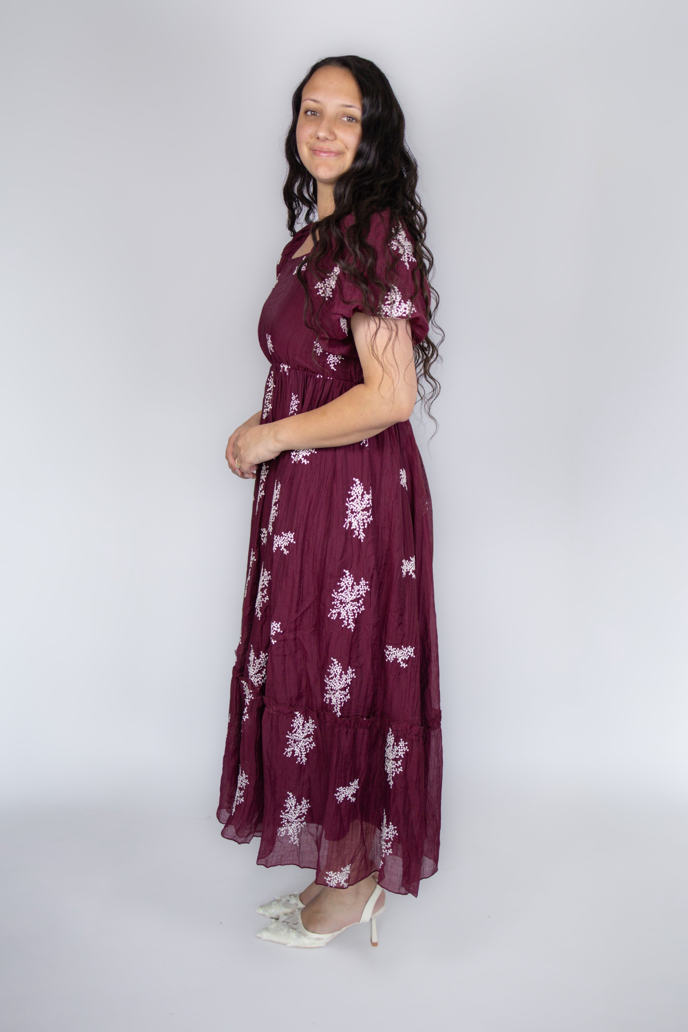 Aria Floral Embroidered Dress in Wine