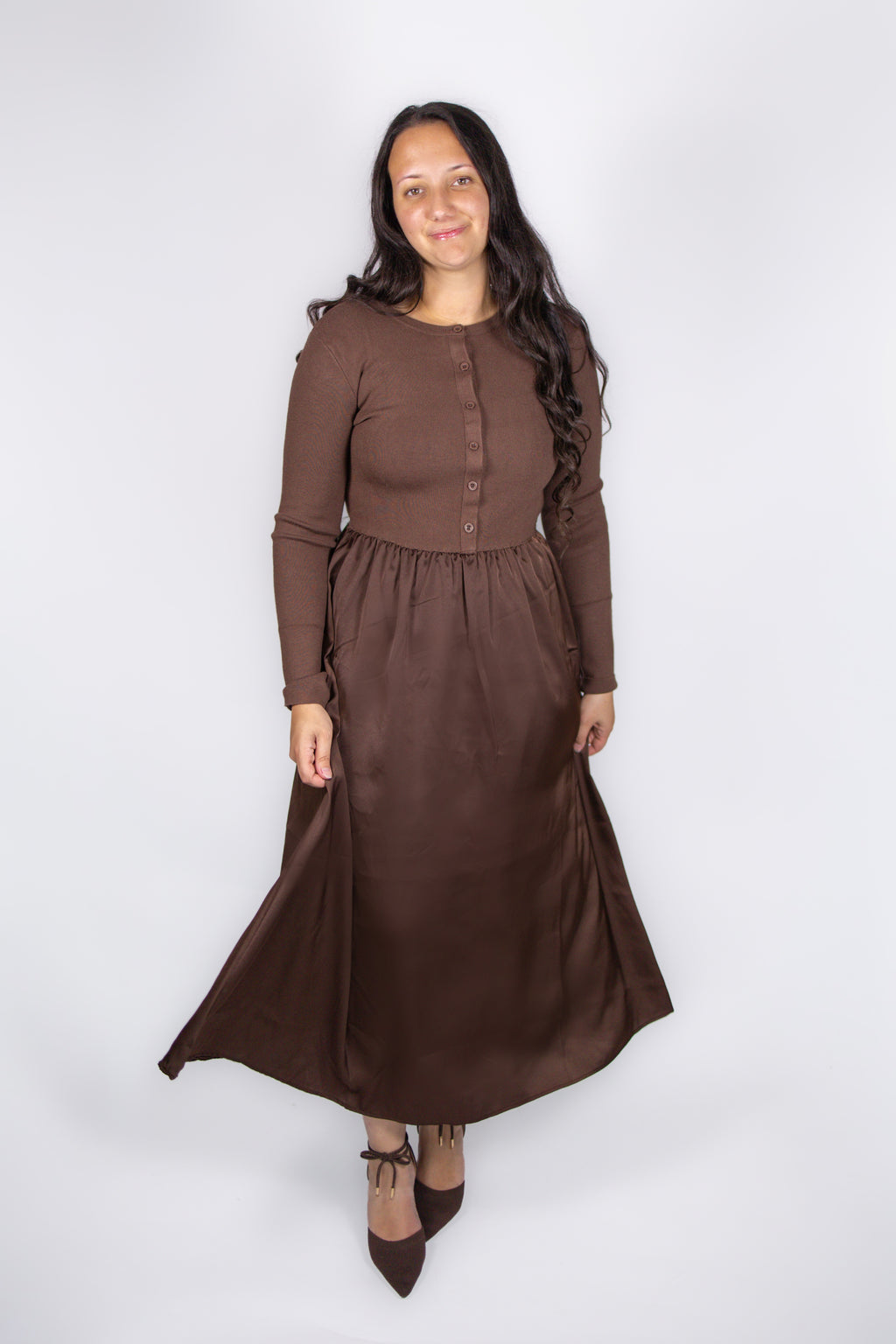 Jenna Knit Top Satin Dress in Cocoa