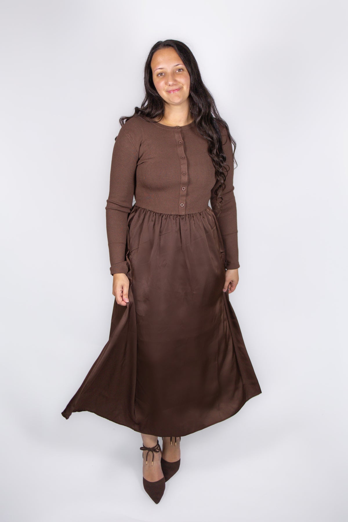 Jenna Knit Top Satin Dress in Cocoa