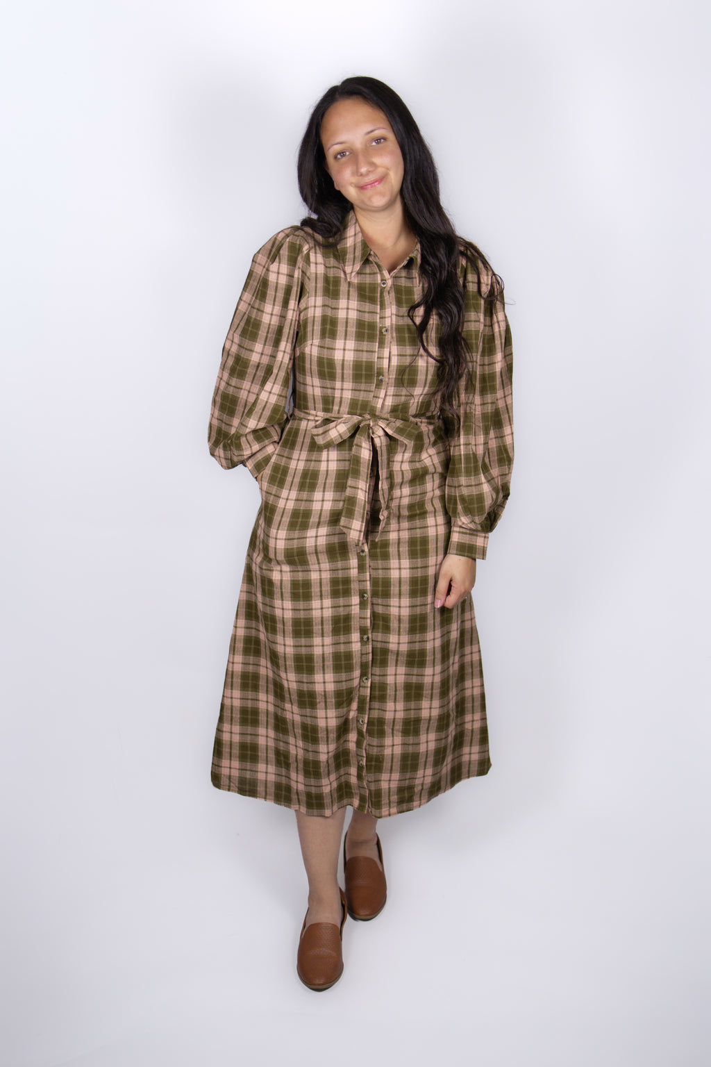 Rae Plaid Flannel Dress in Blush/Olive