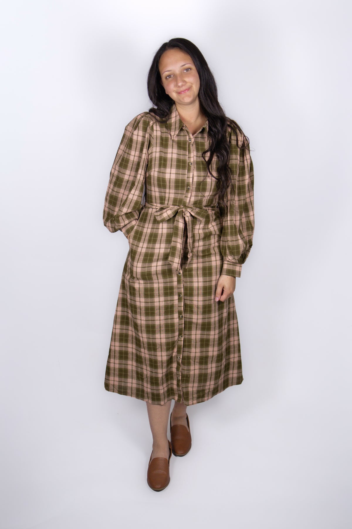 Rae Plaid Flannel Dress in Blush/Olive