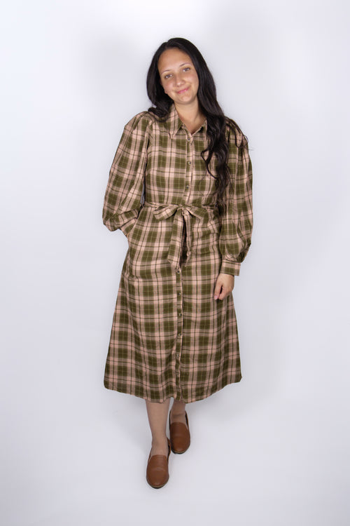 Rae Plaid Flannel Dress in Blush/Olive