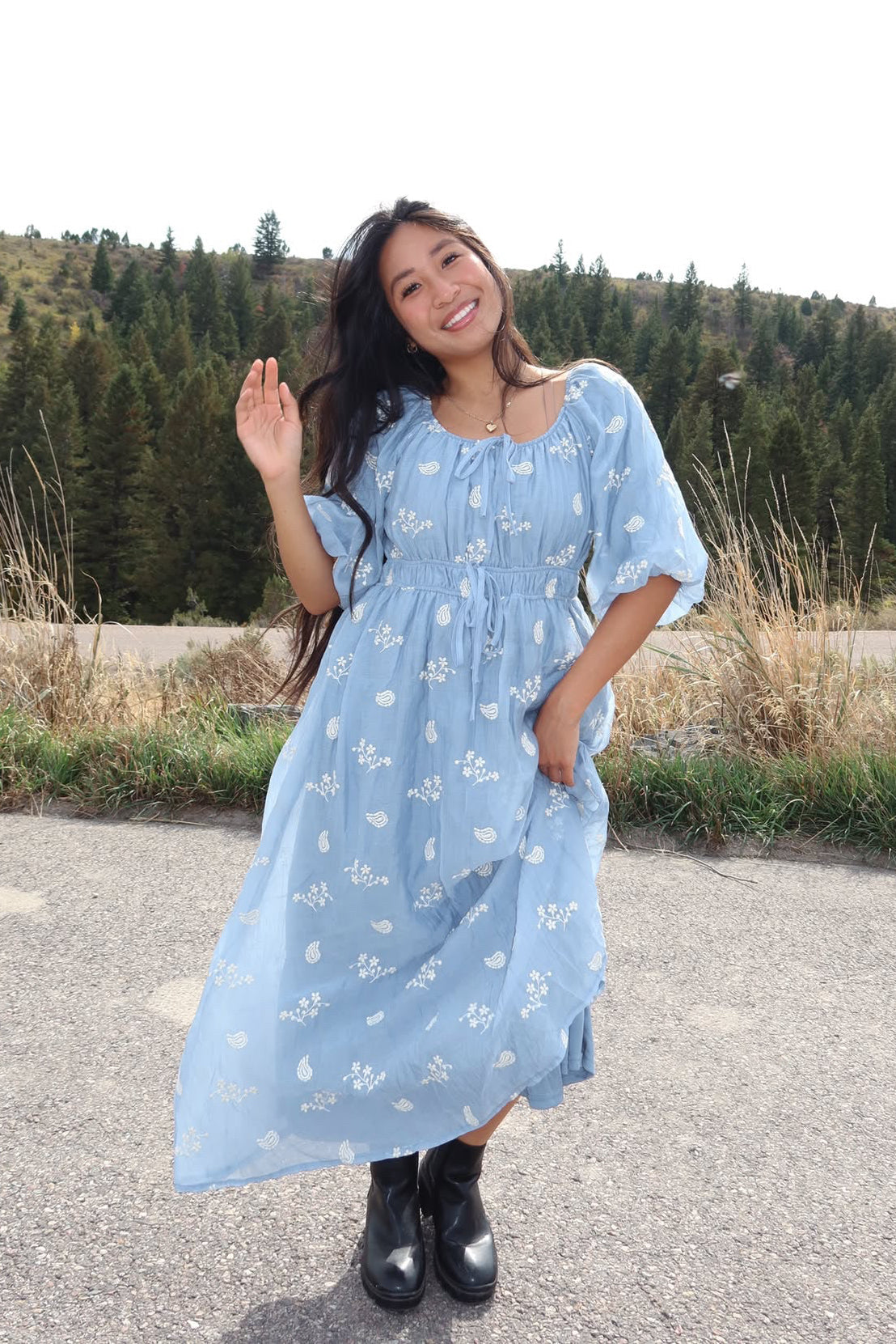 Julia Blue Embroidered Midi Dress