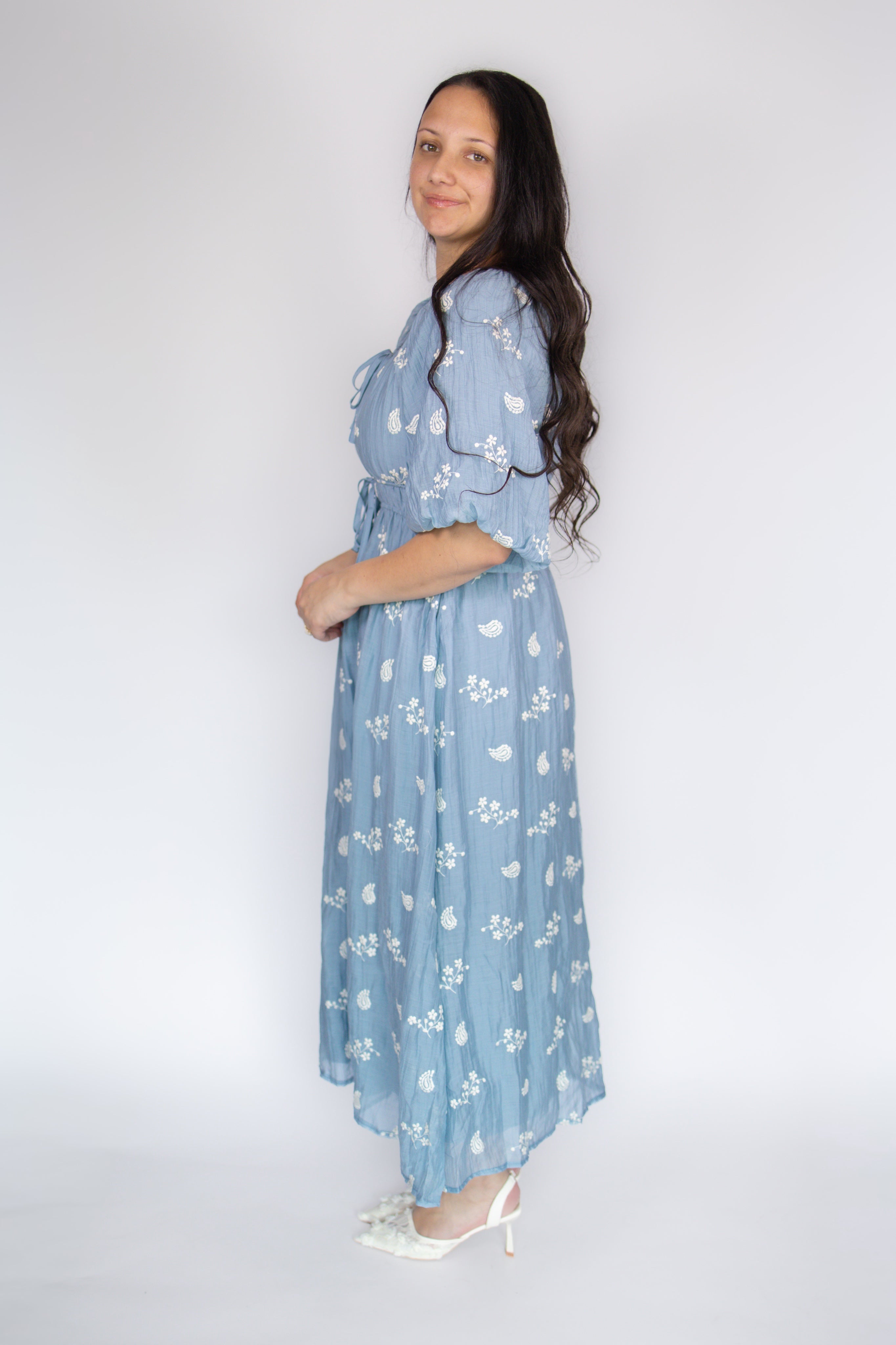 Julia Blue Embroidered Midi Dress