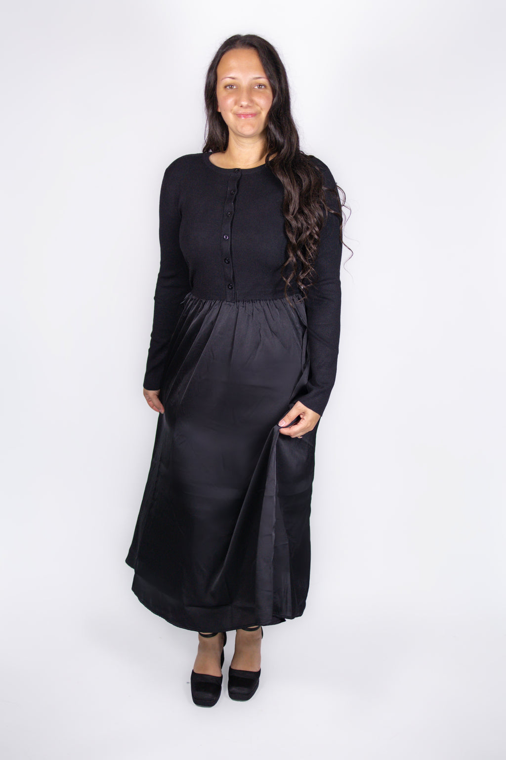 Jenna Knit Top Satin Dress in Black