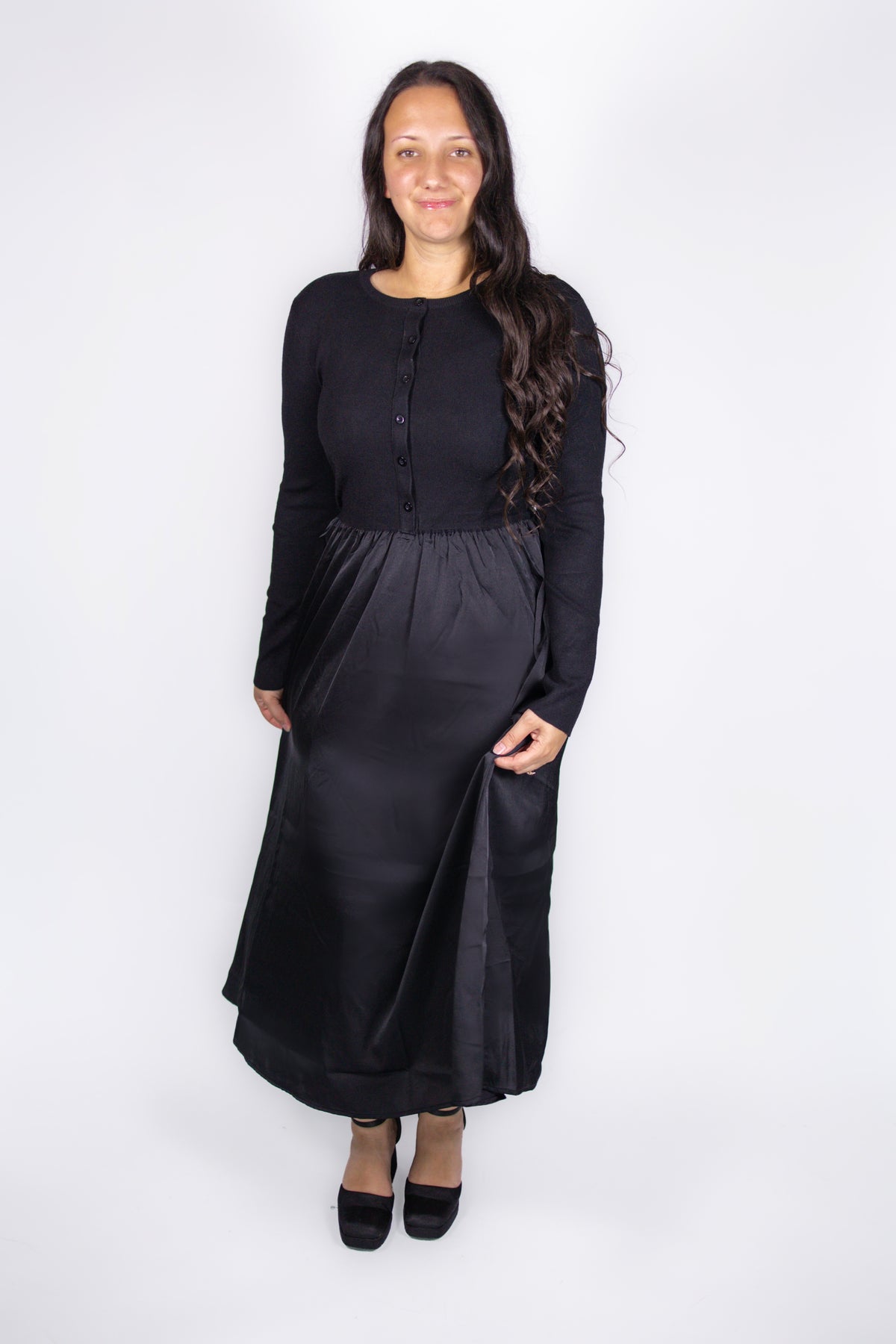 Jenna Knit Top Satin Dress in Black