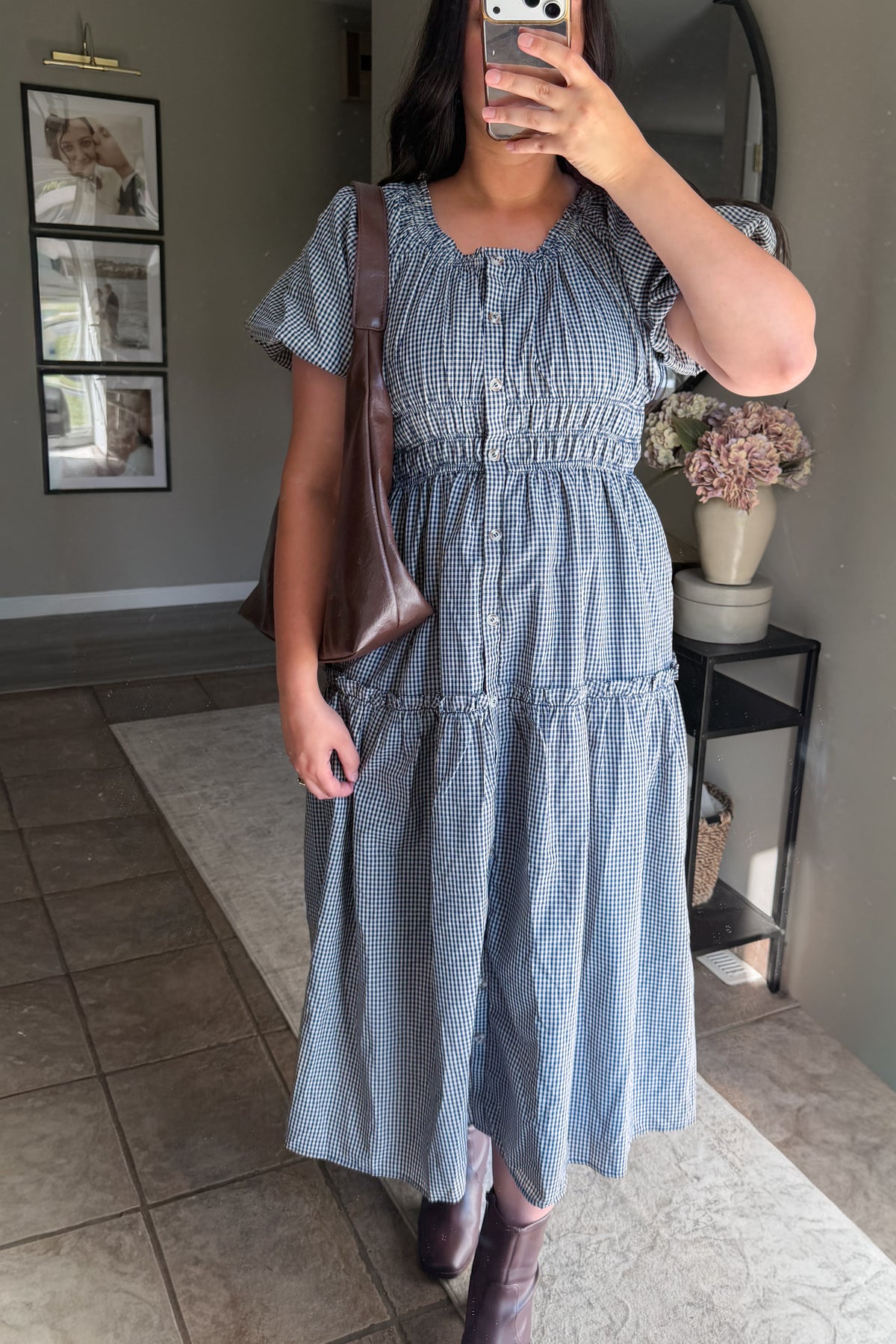 Lena Midi Dress in Navy Gingham