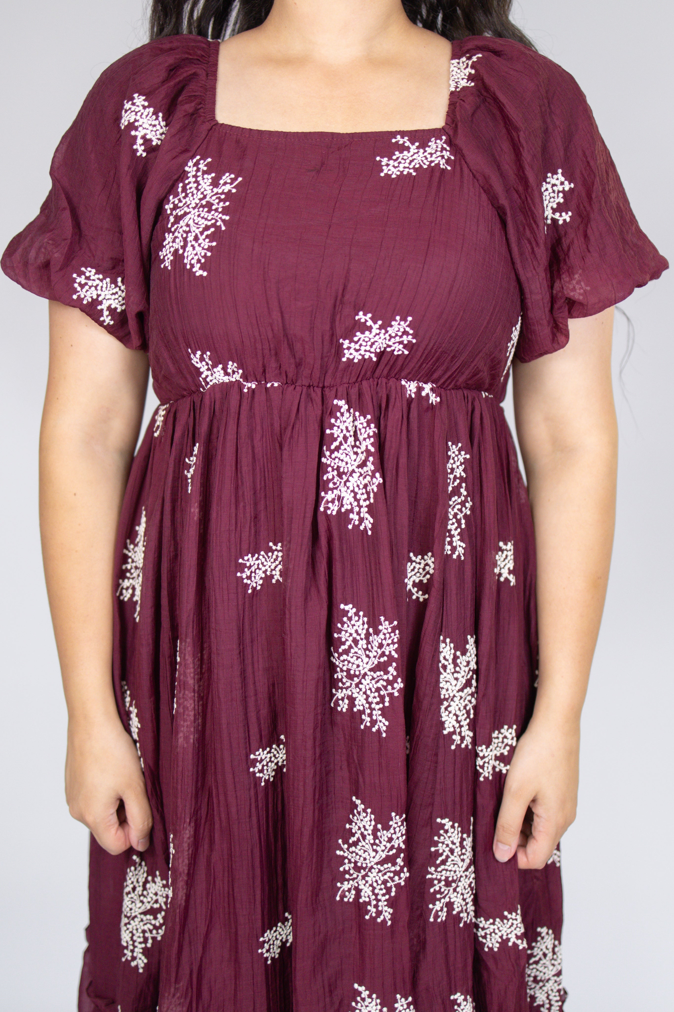 Aria Floral Embroidered Dress in Wine