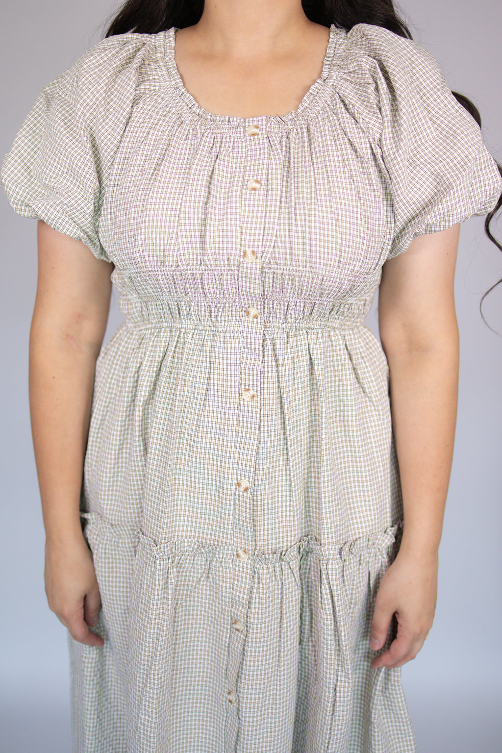 Lena Midi Dress in Beige Gingham