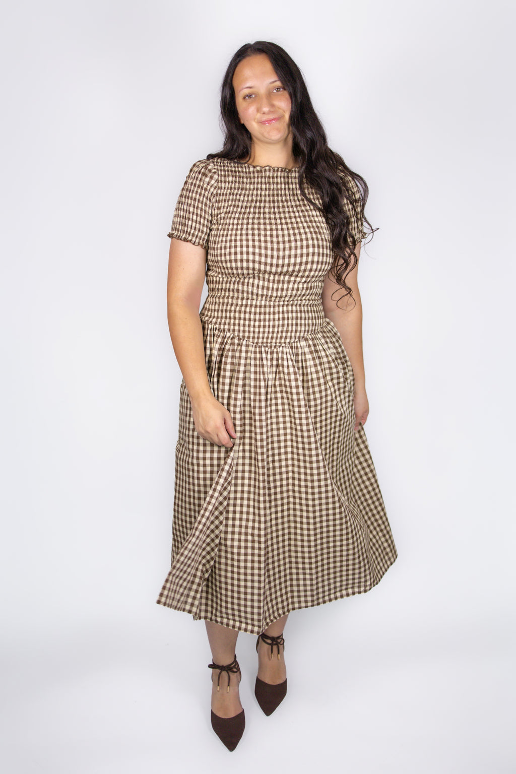 Aurelia Smocked Dress in Brown Gingham