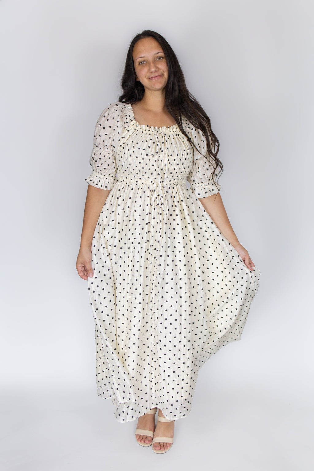 Blakely Smocked Dress in Ivory Dot