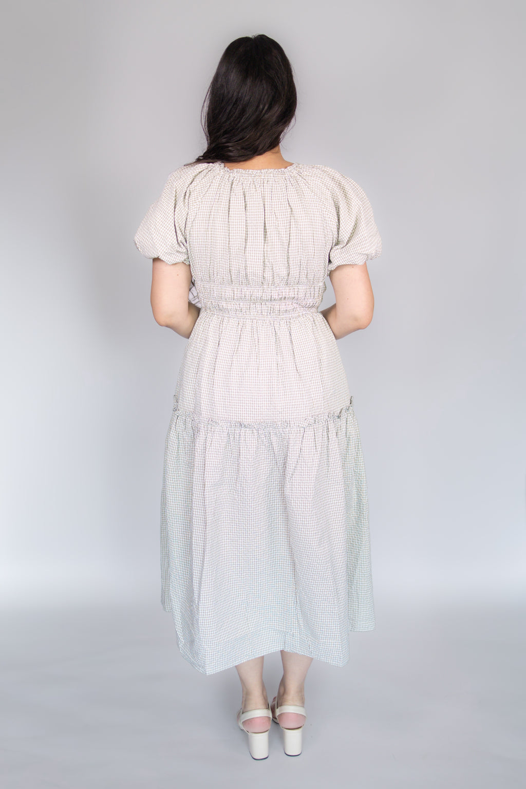Lena Midi Dress in Beige Gingham