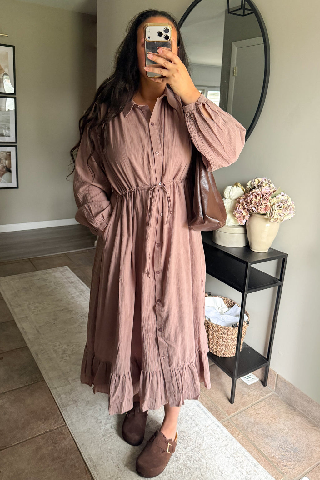 Evie Drawstring Shirt Dress in Mauve