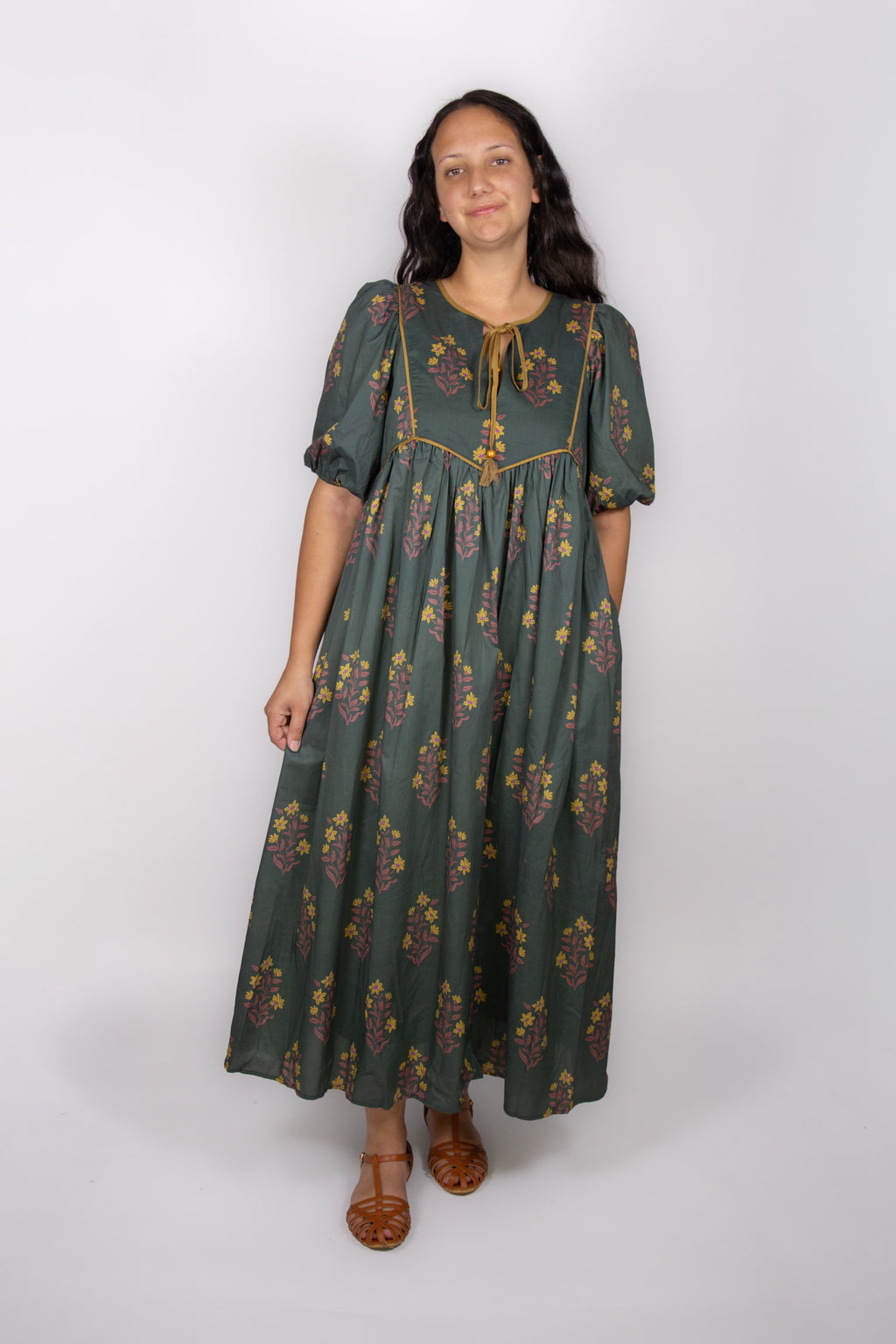 Autumn Cotton Green Floral Dress
