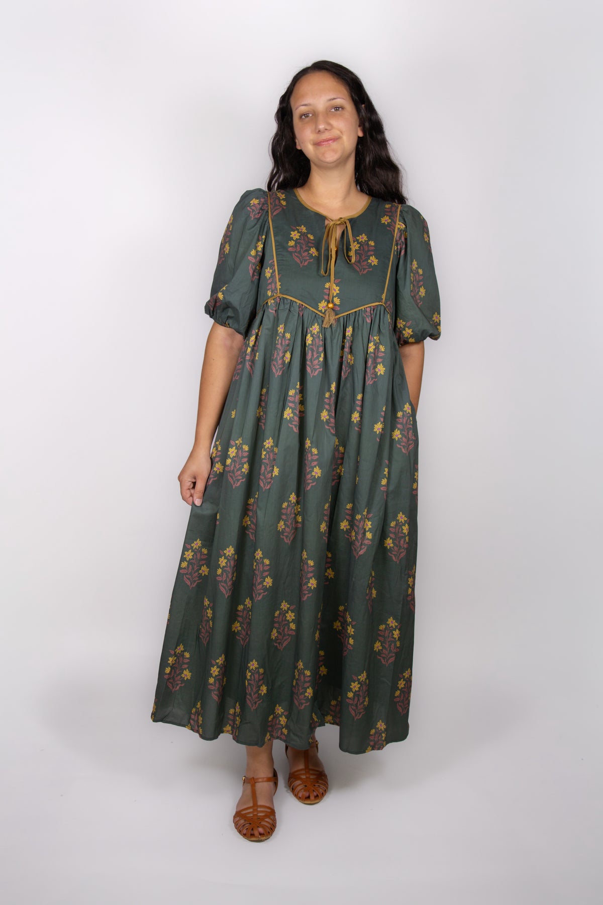 Autumn Cotton Green Floral Dress