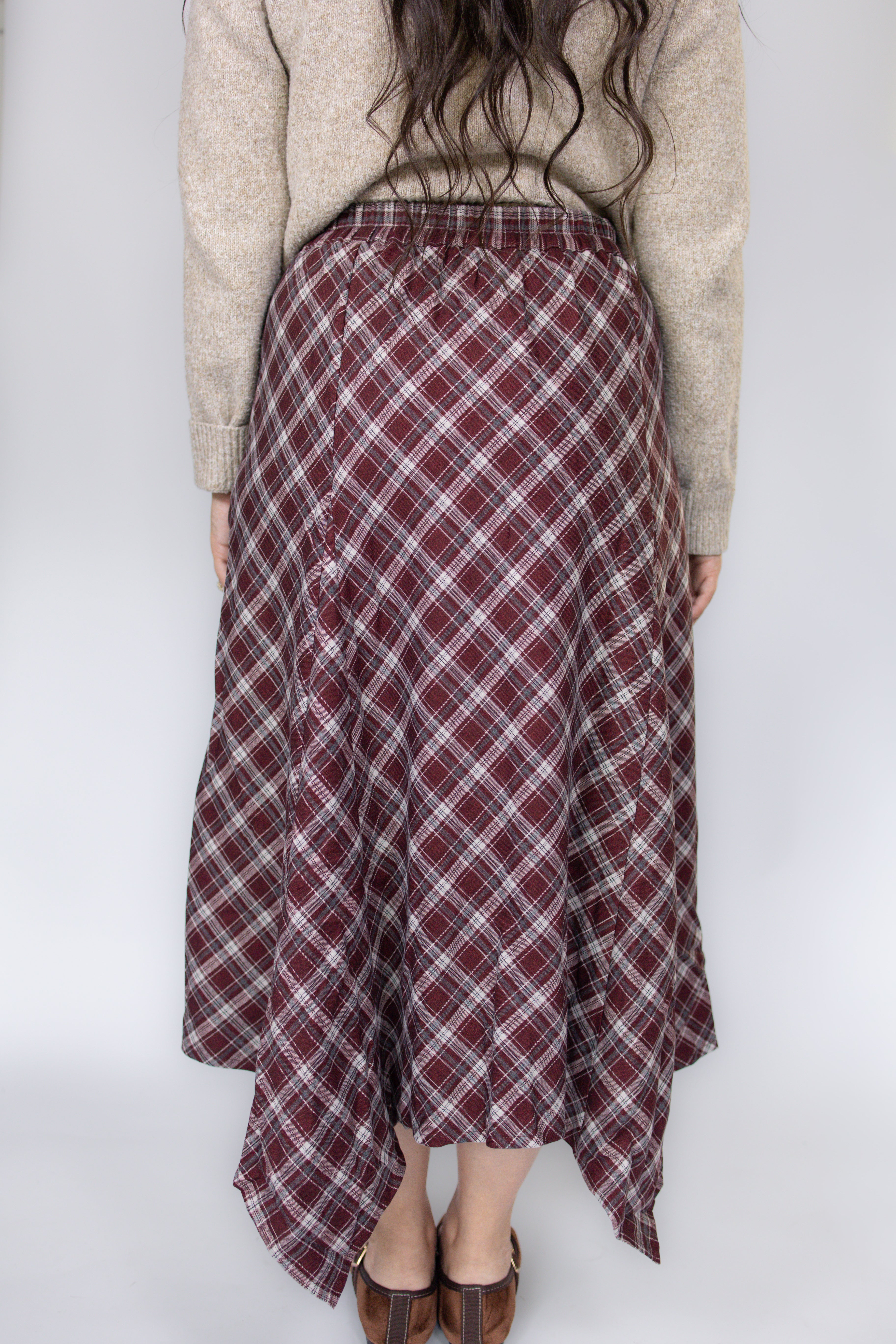 Plaid Hanky Hem Midi Skirt in Burgundy
