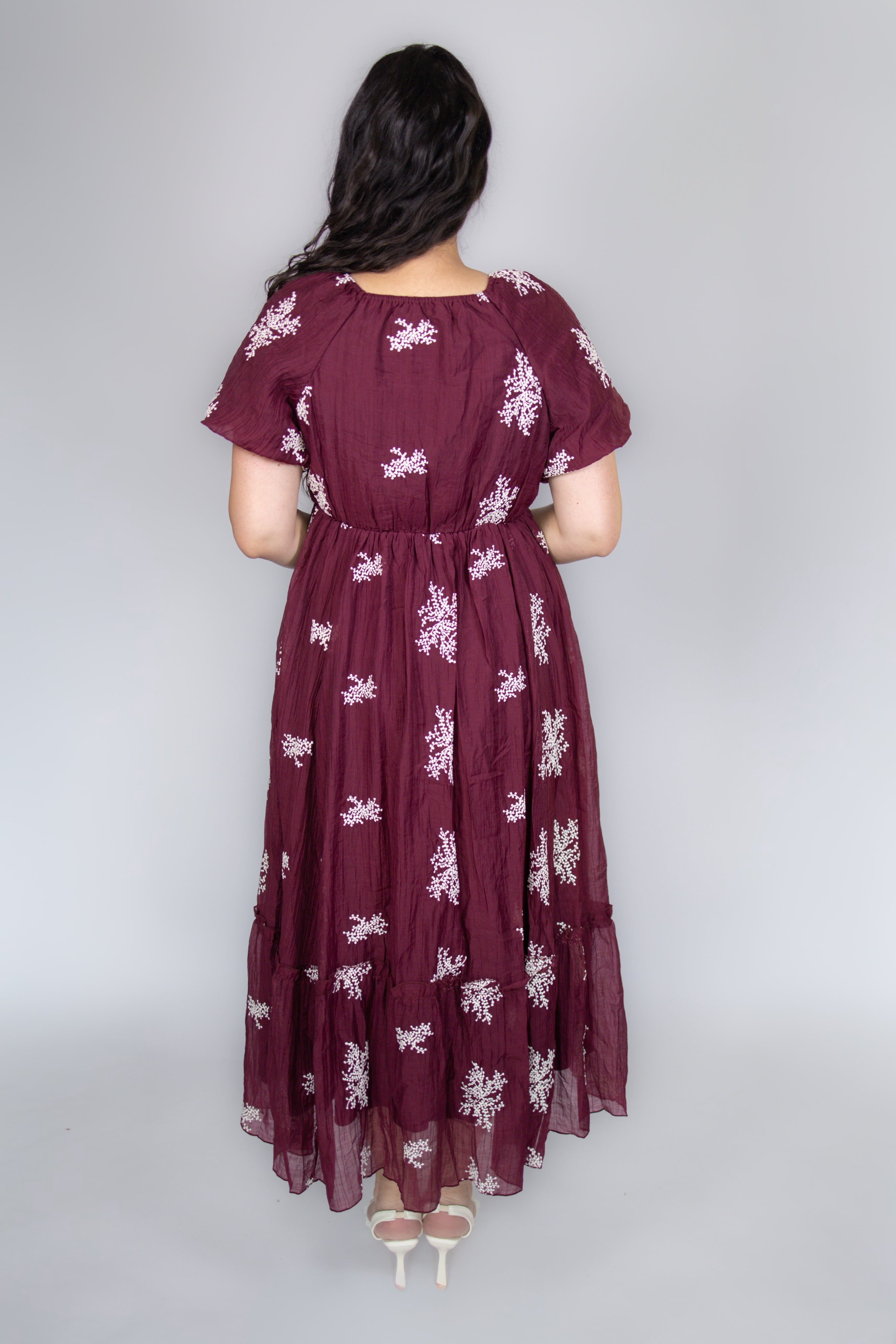 Aria Floral Embroidered Dress in Wine