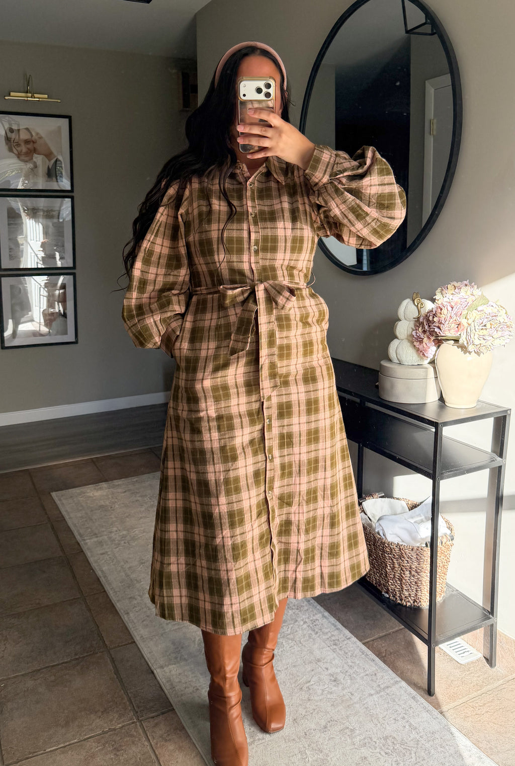Rae Plaid Flannel Dress in Blush/Olive