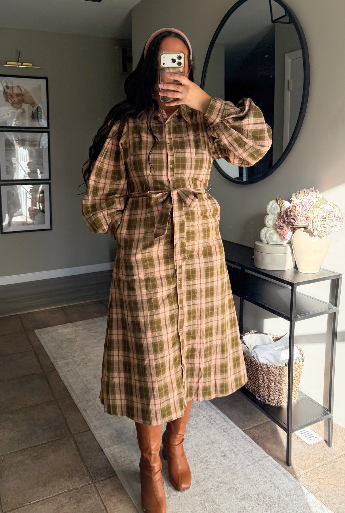Rae Plaid Flannel Dress in Blush/Olive