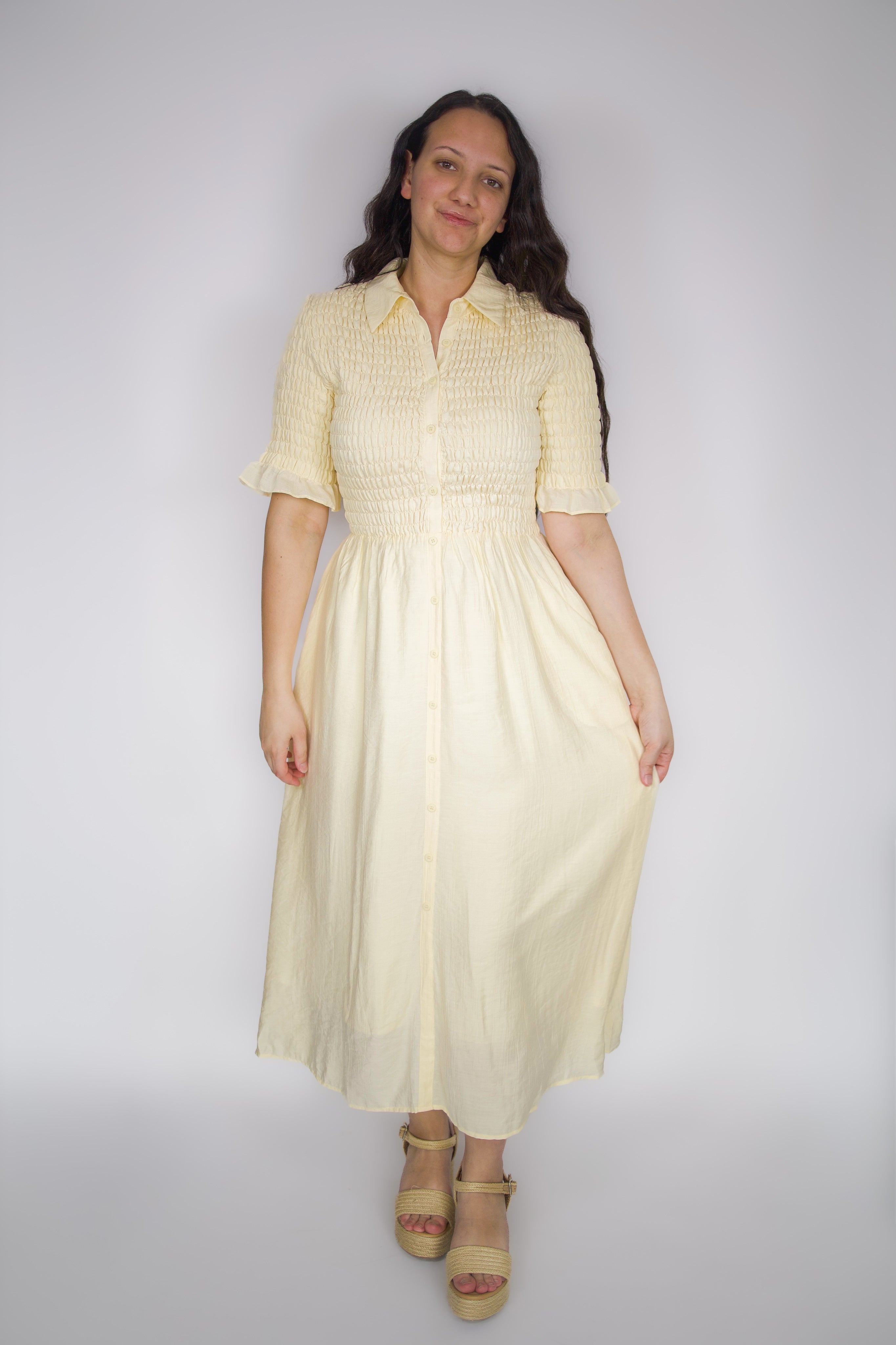 yellow smocked midi dress Cara Smocked Midi Dress in Yellow