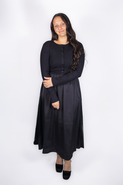 Jenna Knit Top Satin Dress in Black