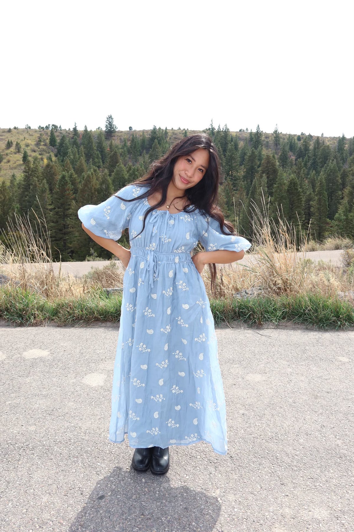 Julia Blue Embroidered Midi Dress