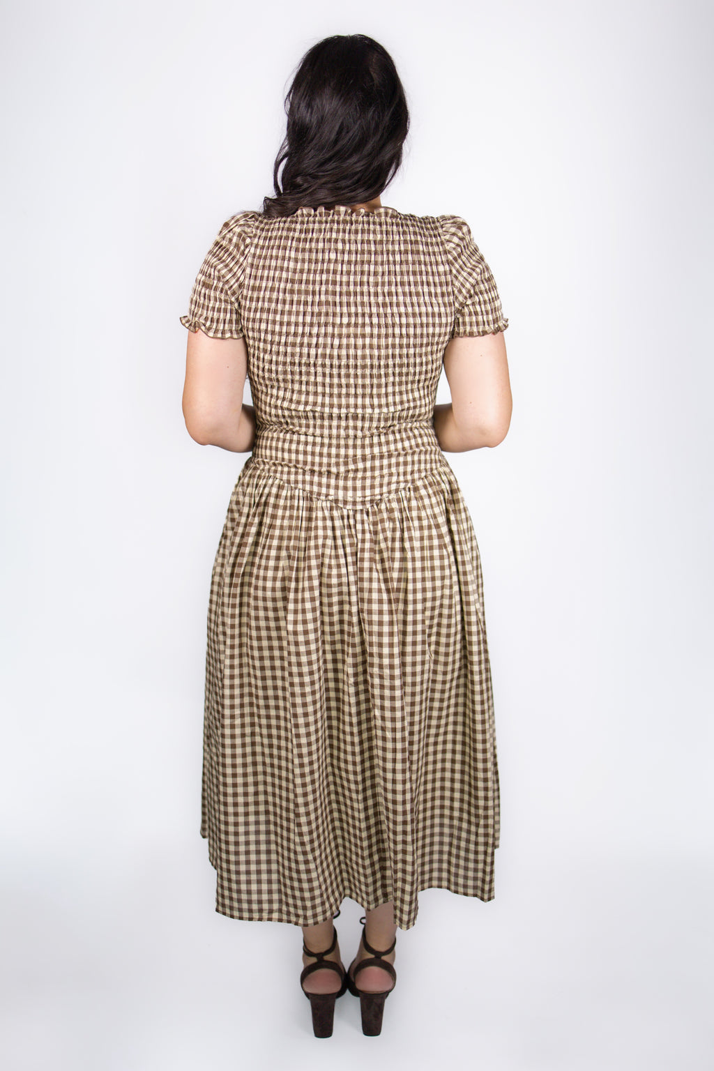 Aurelia Smocked Dress in Brown Gingham