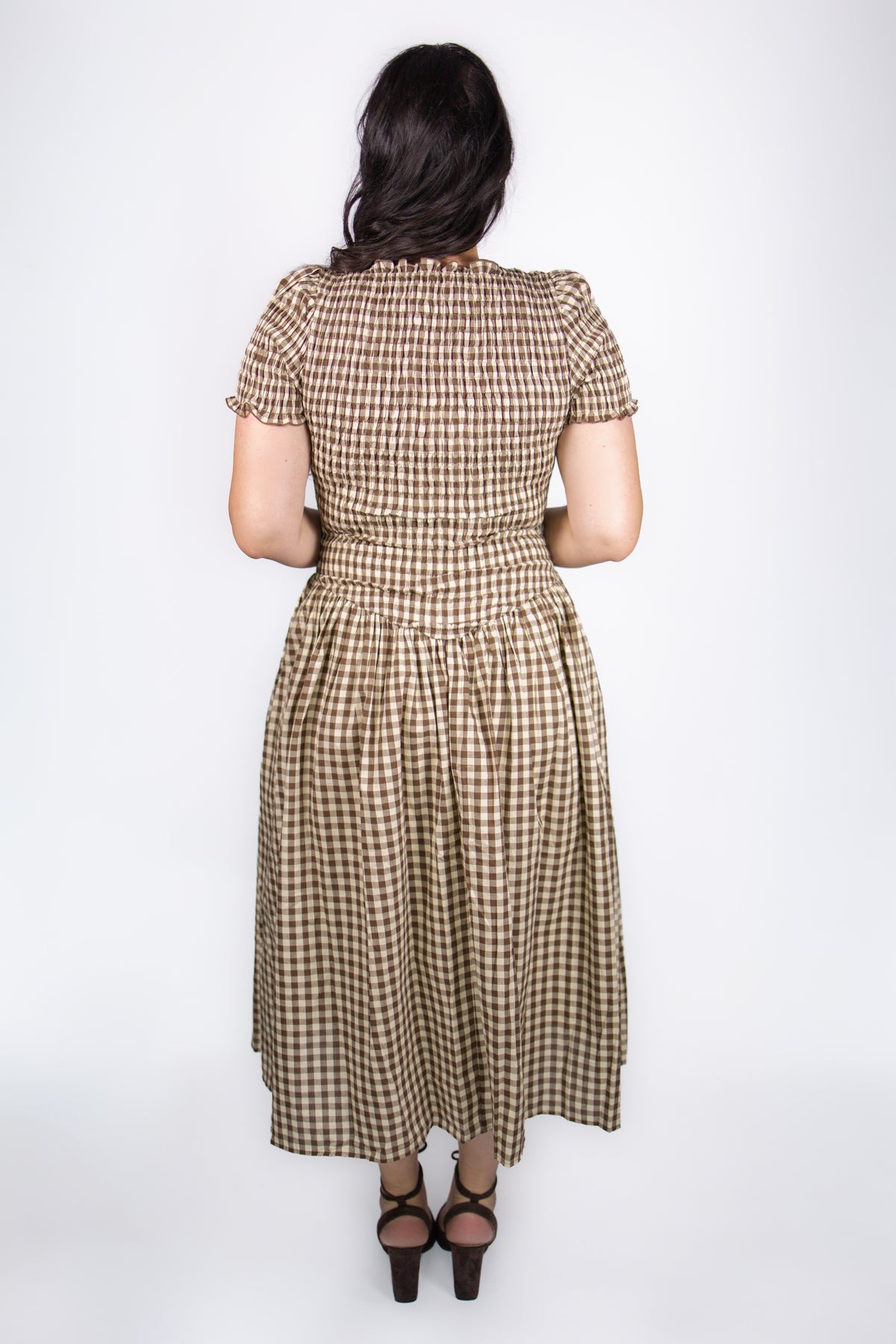 Aurelia Smocked Dress in Brown Gingham
