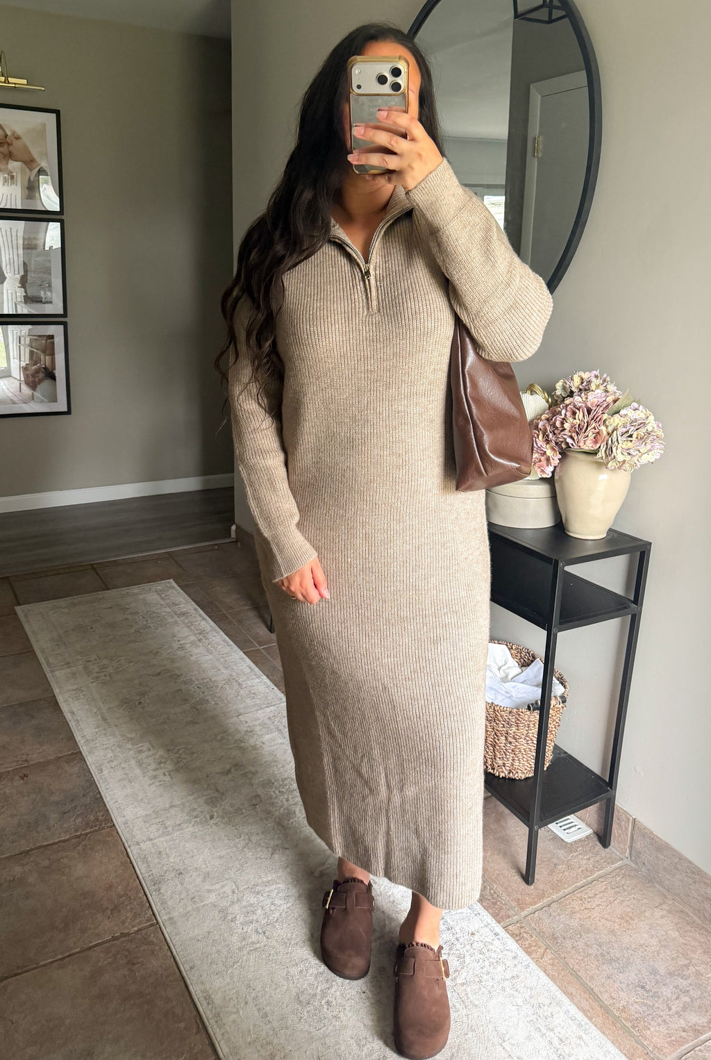 Baylor Half-Zip Sweater Dress in Mocha