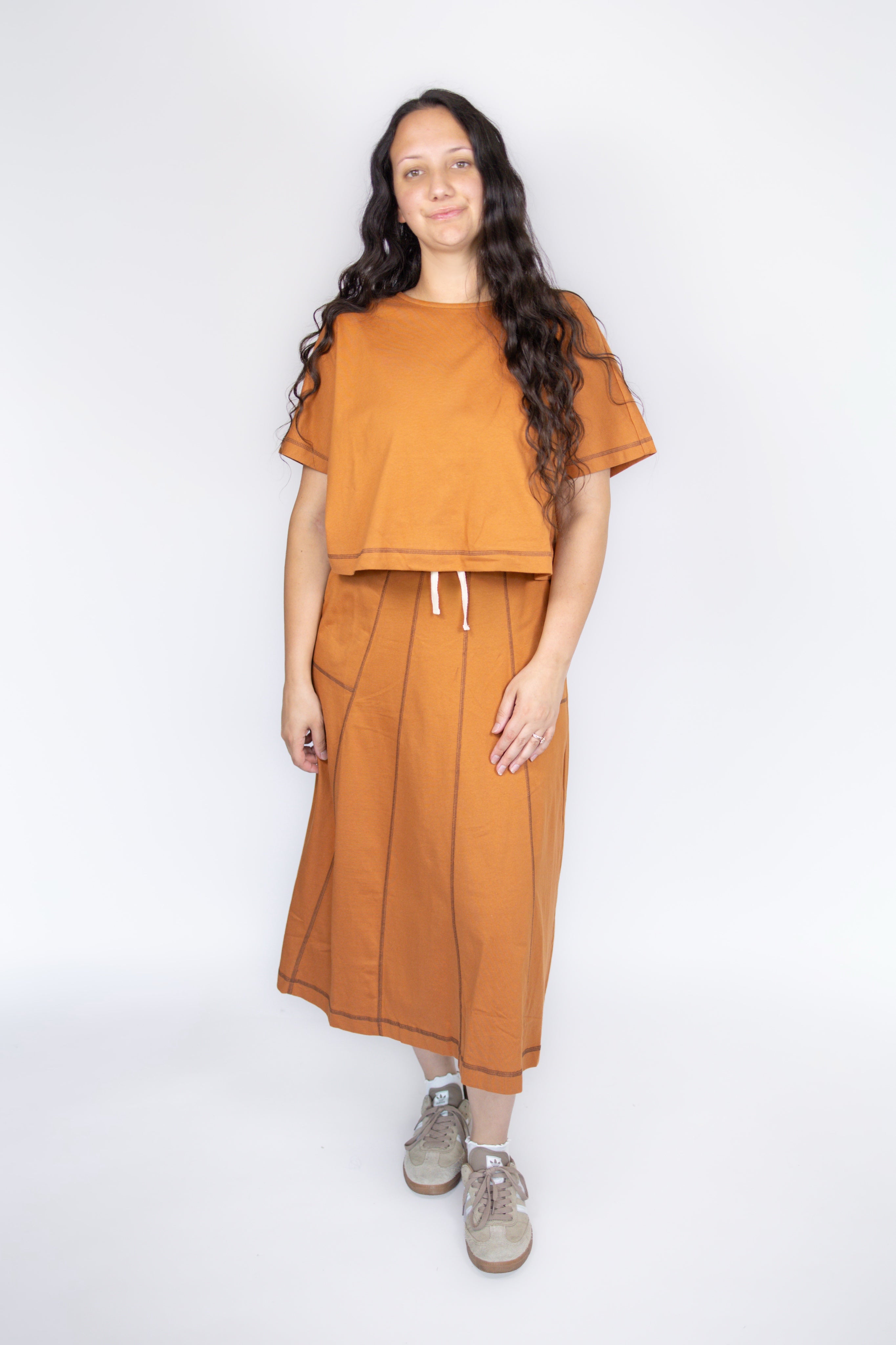 Mallie Casual Top & Skirt Set in Rust