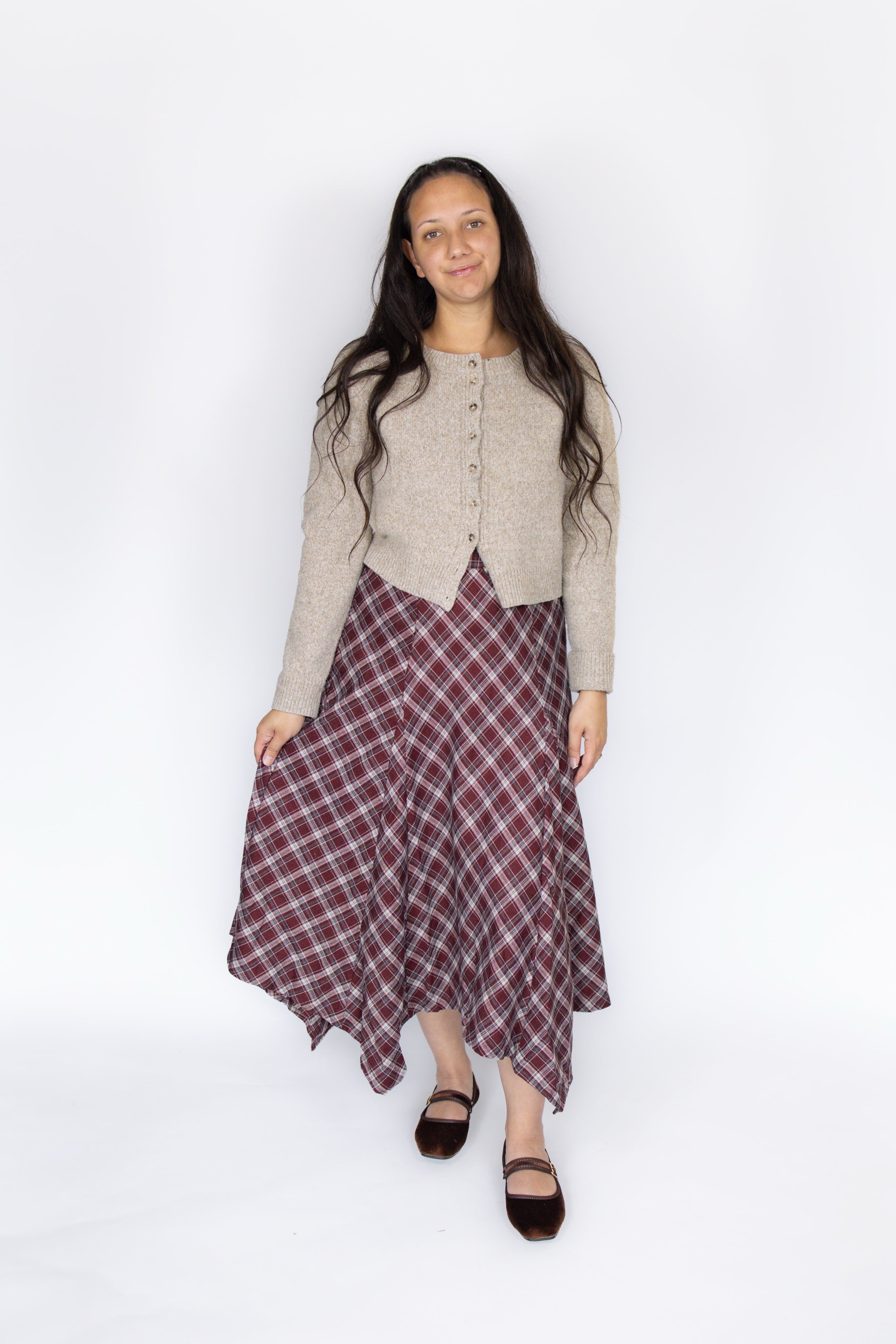 Plaid Hanky Hem Midi Skirt in Burgundy