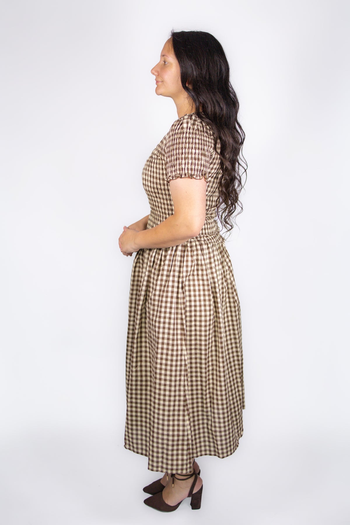Aurelia Smocked Dress in Brown Gingham