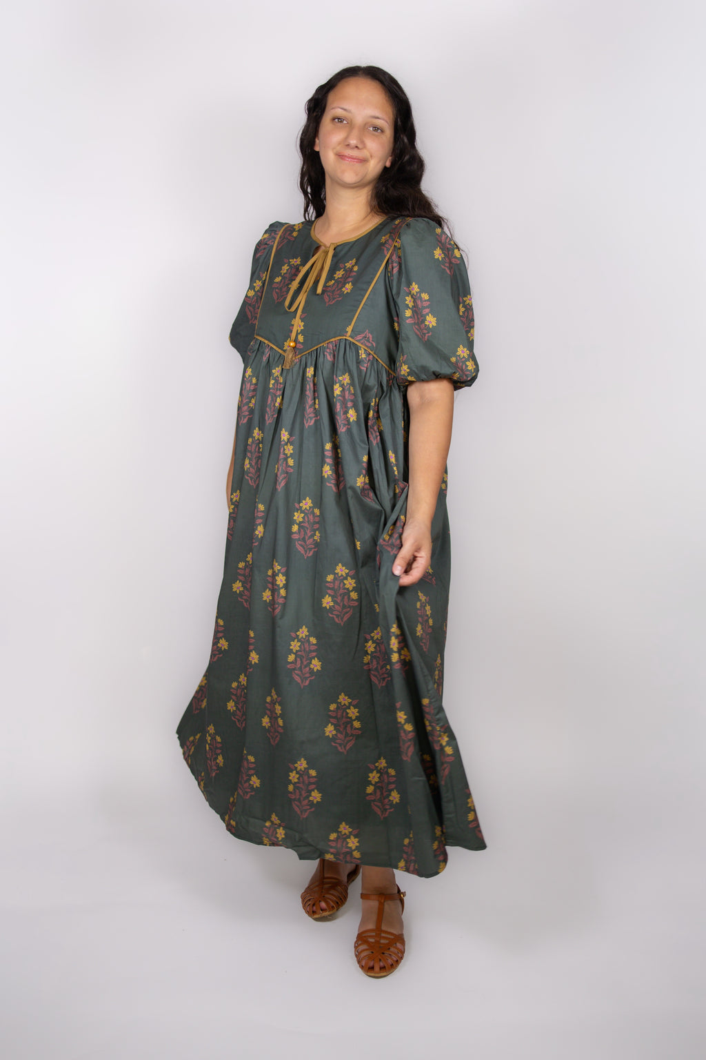Autumn Cotton Green Floral Dress