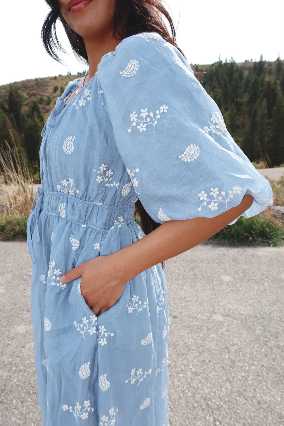 Julia Blue Embroidered Midi Dress