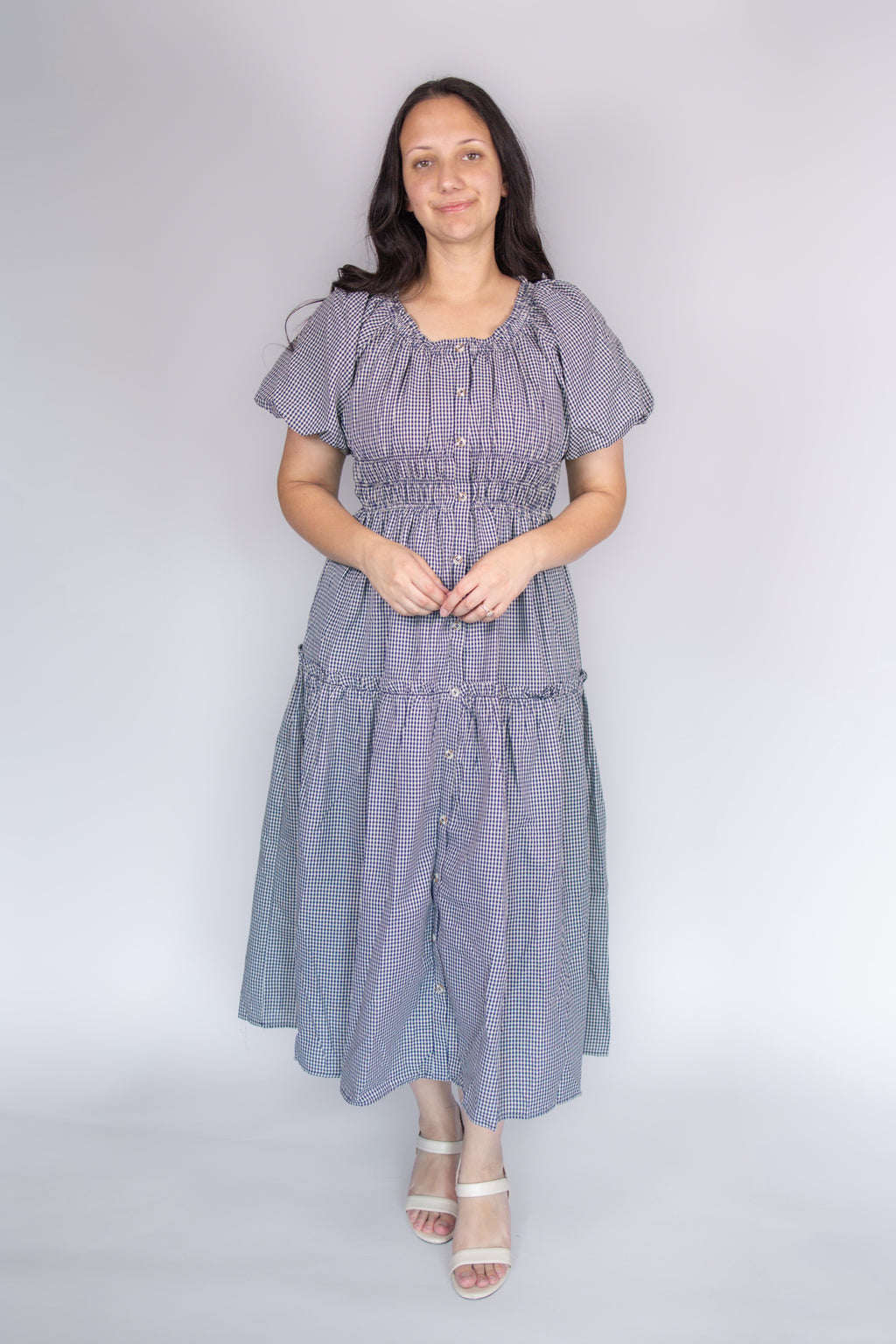 Lena Midi Dress in Navy Gingham