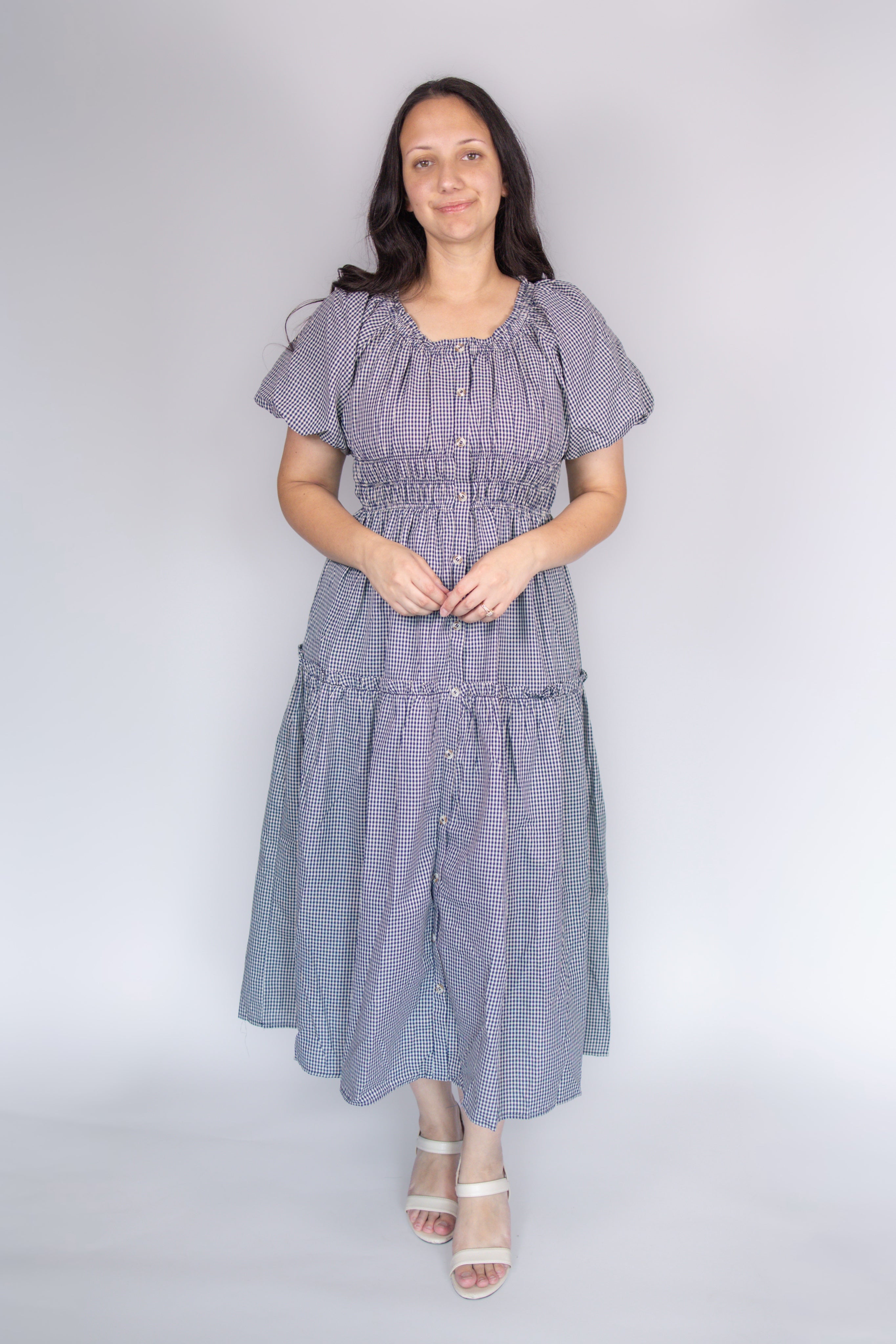 Lena Midi Dress in Navy Gingham